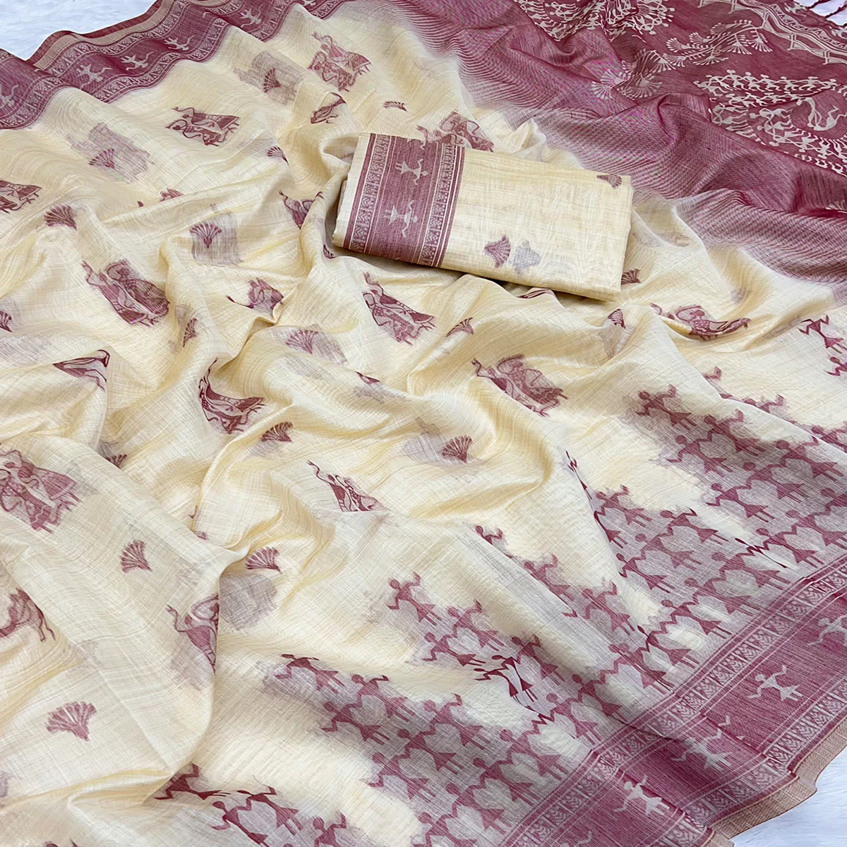 Beige & Wine Meenakari Crafted Soft Muga Cotton Saree Designed for Elegant Festive Styling - Image 6