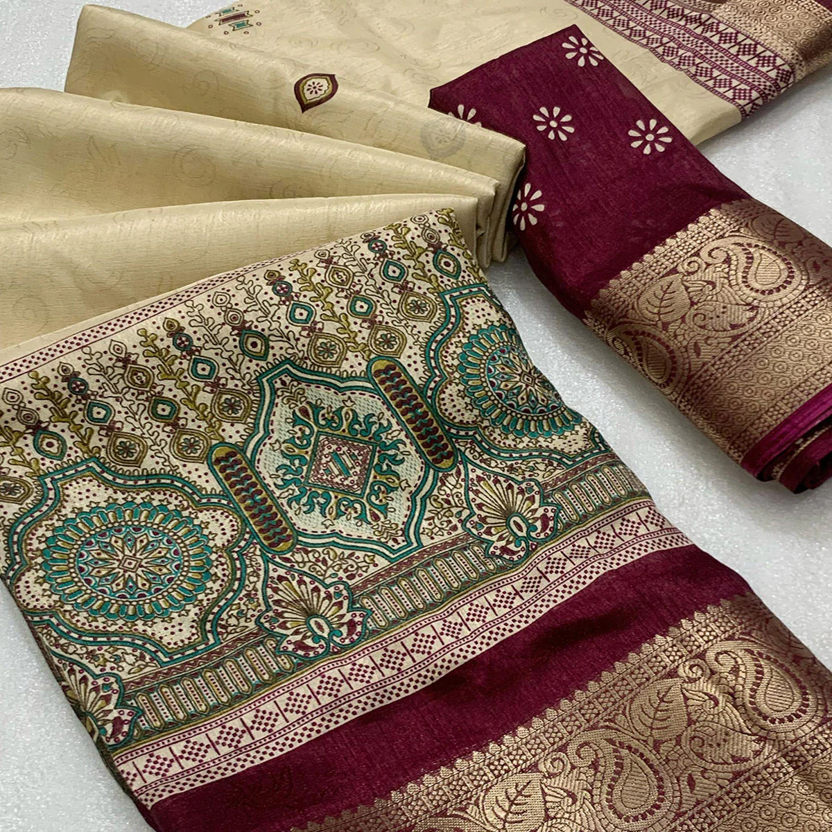 Beige & Wine Printed Cotton Silk Saree With Exquisite Zari Woven Border - Image 2