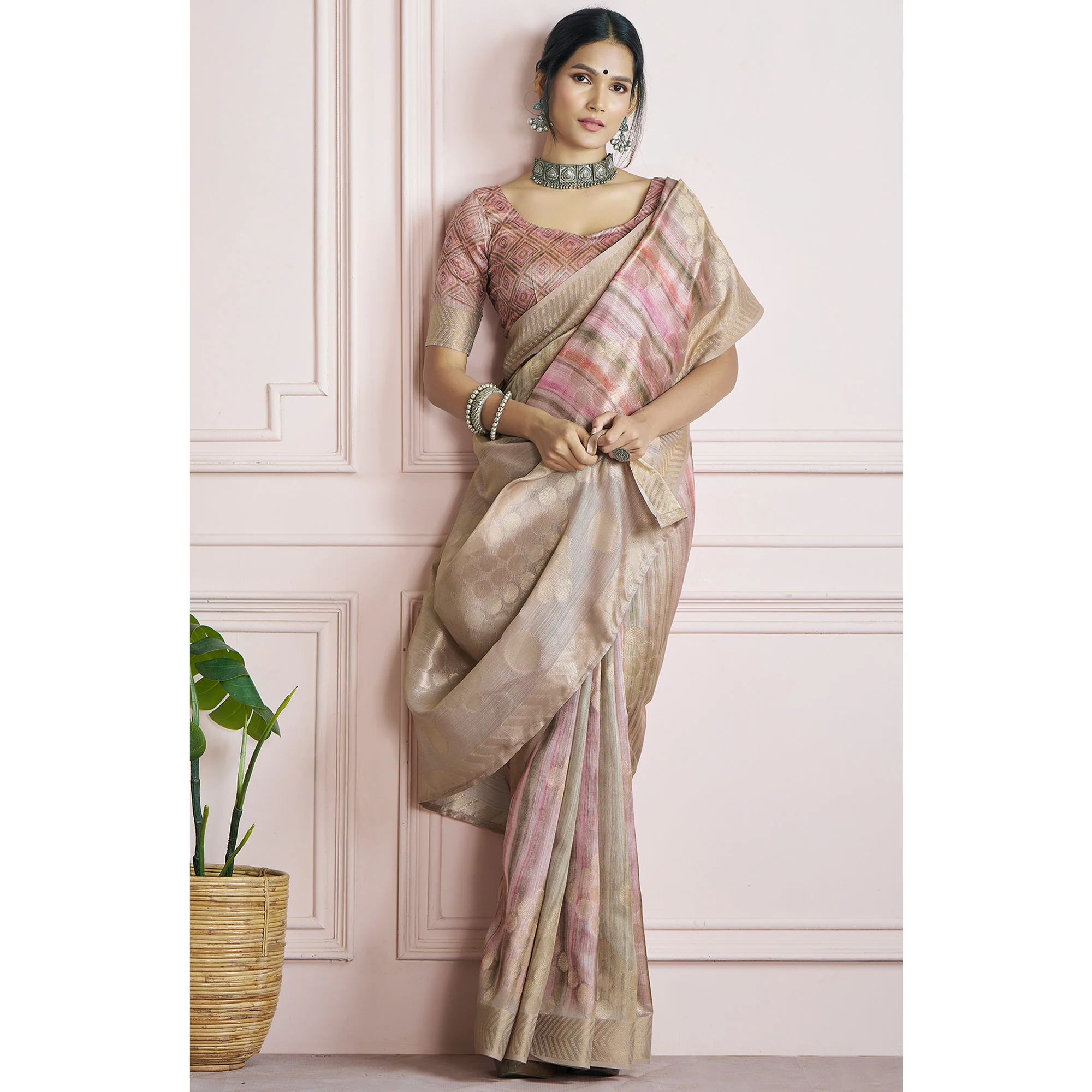 Beige Woven Cotton Silk Saree - Image 4