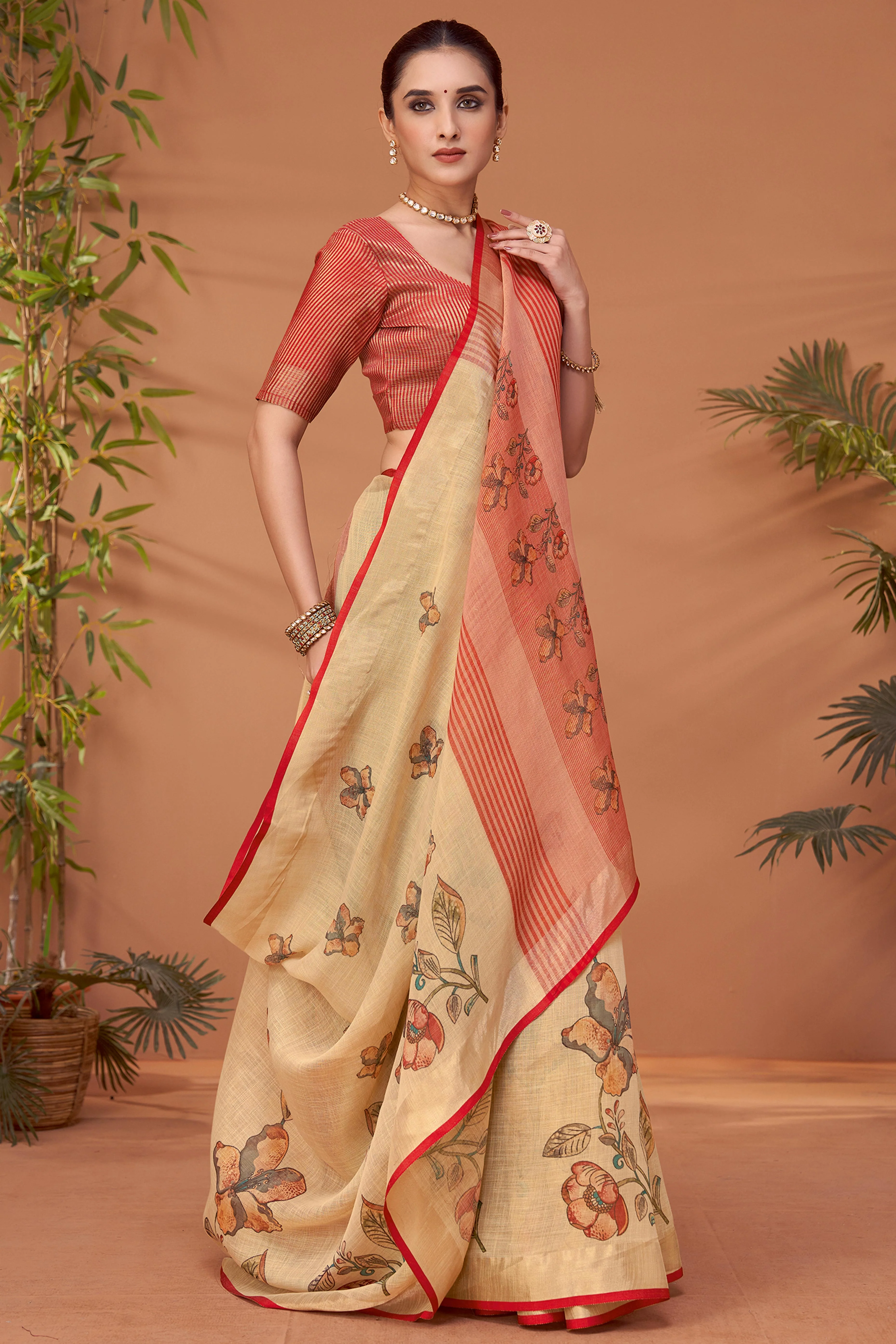 Beige Woven Floral Printed Linen Blend Saree with Soft Elegant Texture - Image 3