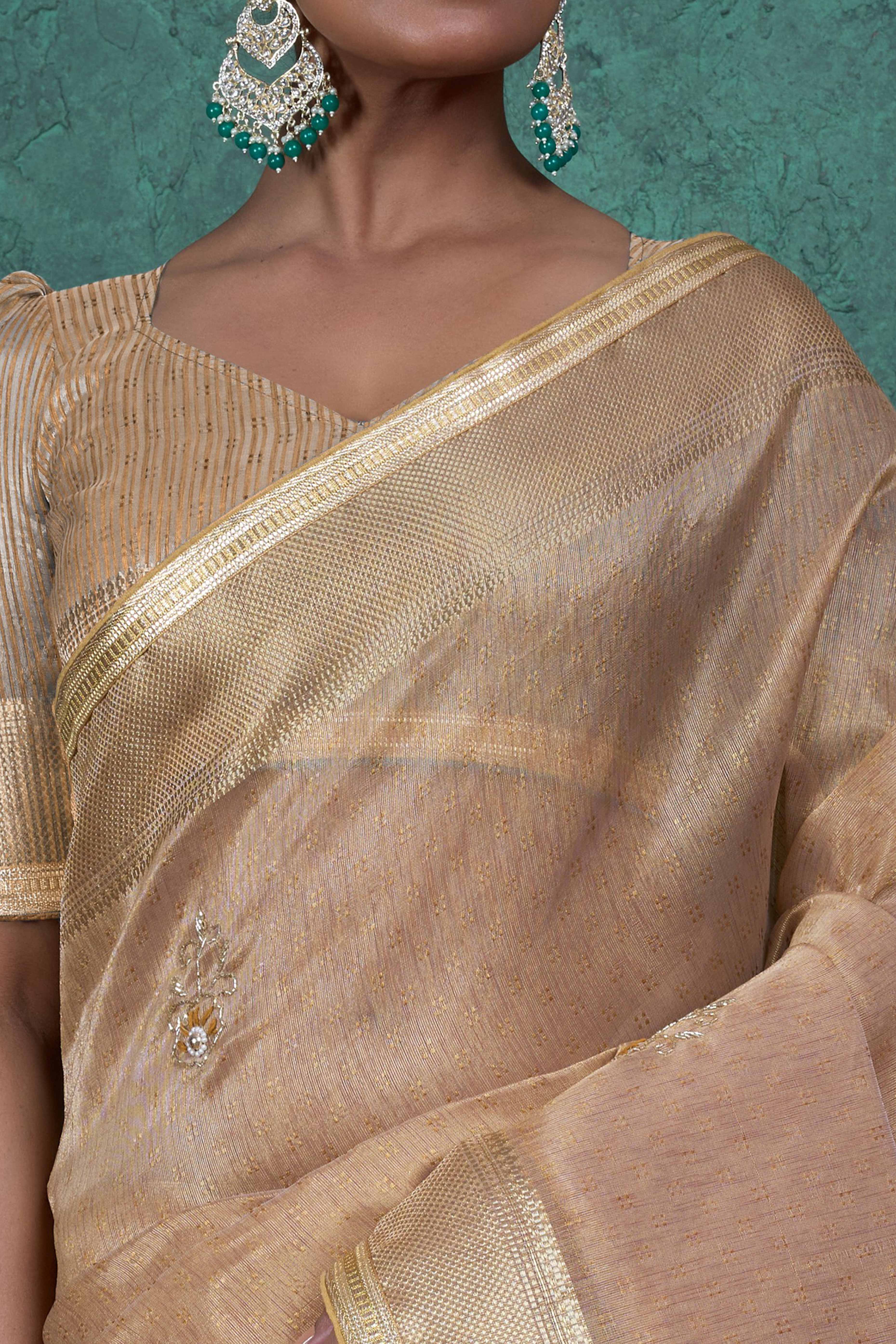 Beige Woven Linen Tissue Saree Featuring Beads Embellishment - Image 2