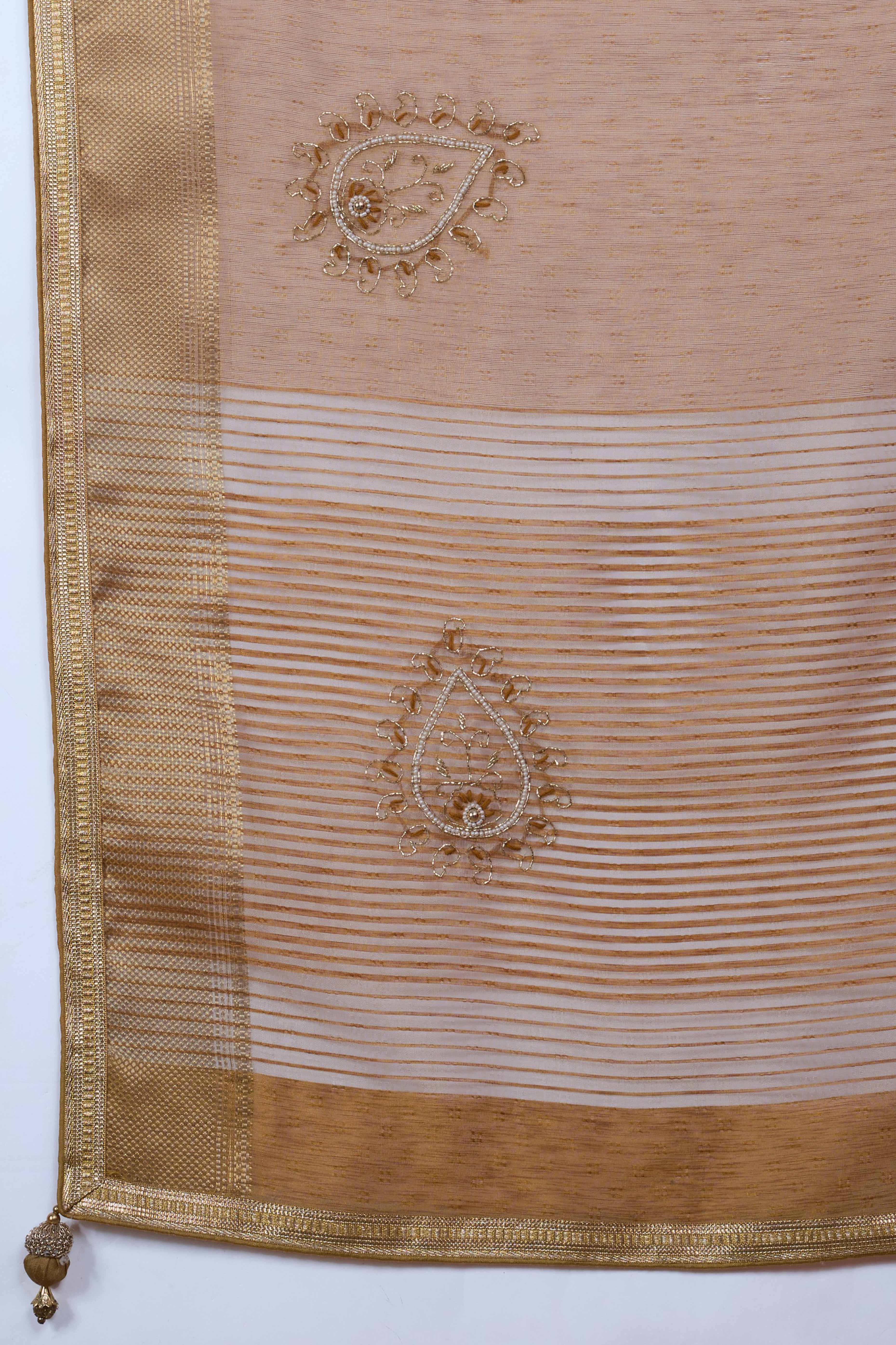 Beige Woven Linen Tissue Saree Featuring Beads Embellishment - Image 7