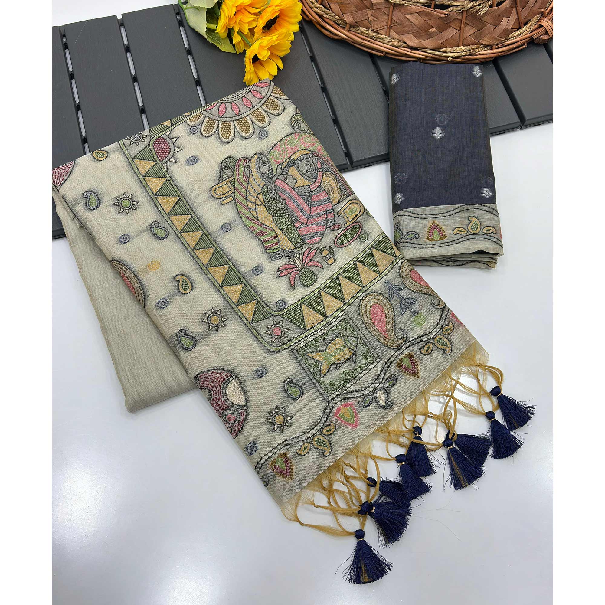Beige Woven Muga Cotton Silk Saree In Kalamkari Motifs On Pallu - Image 4
