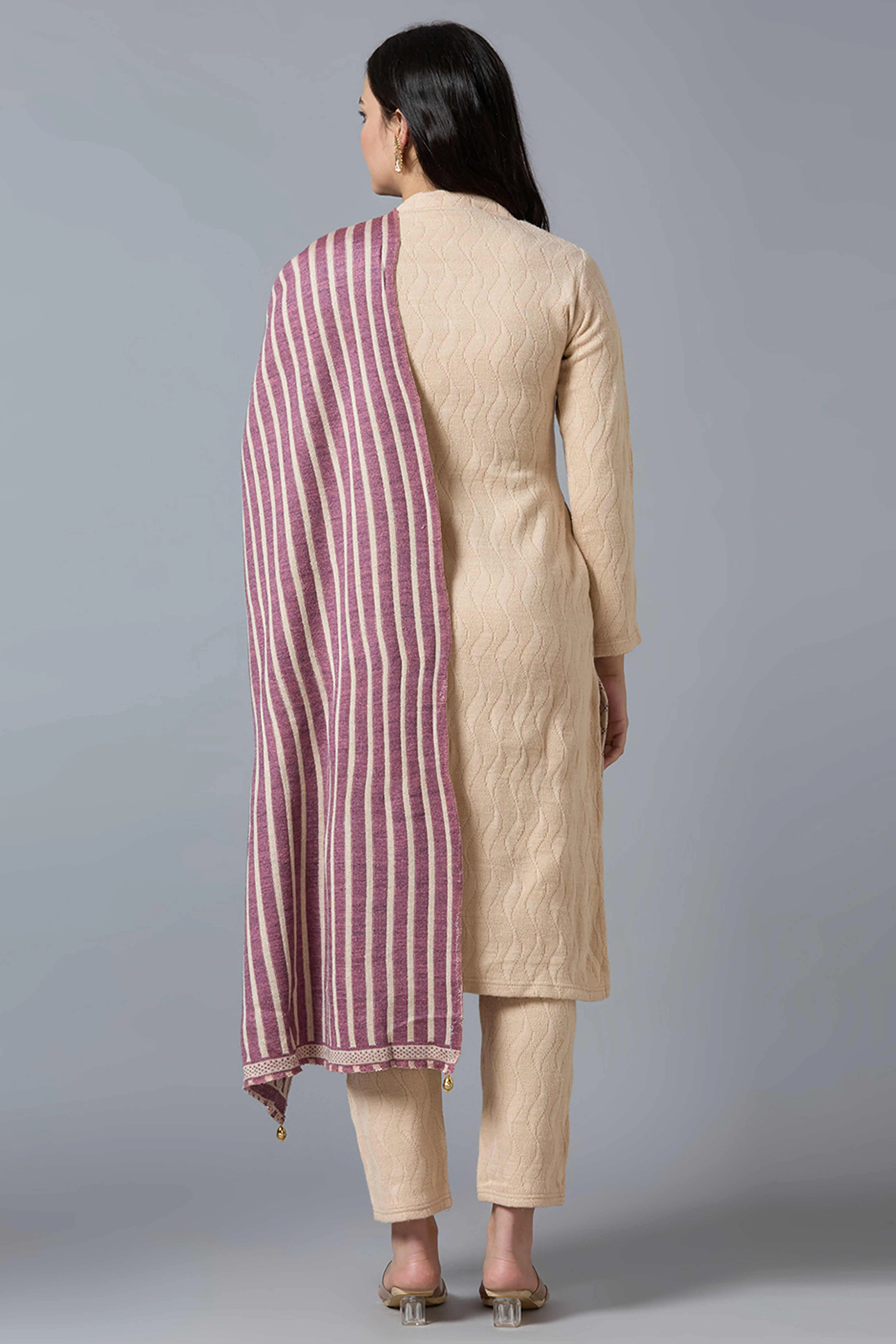 Beige Woven Woolen Straight Salwar Suit - Image 3