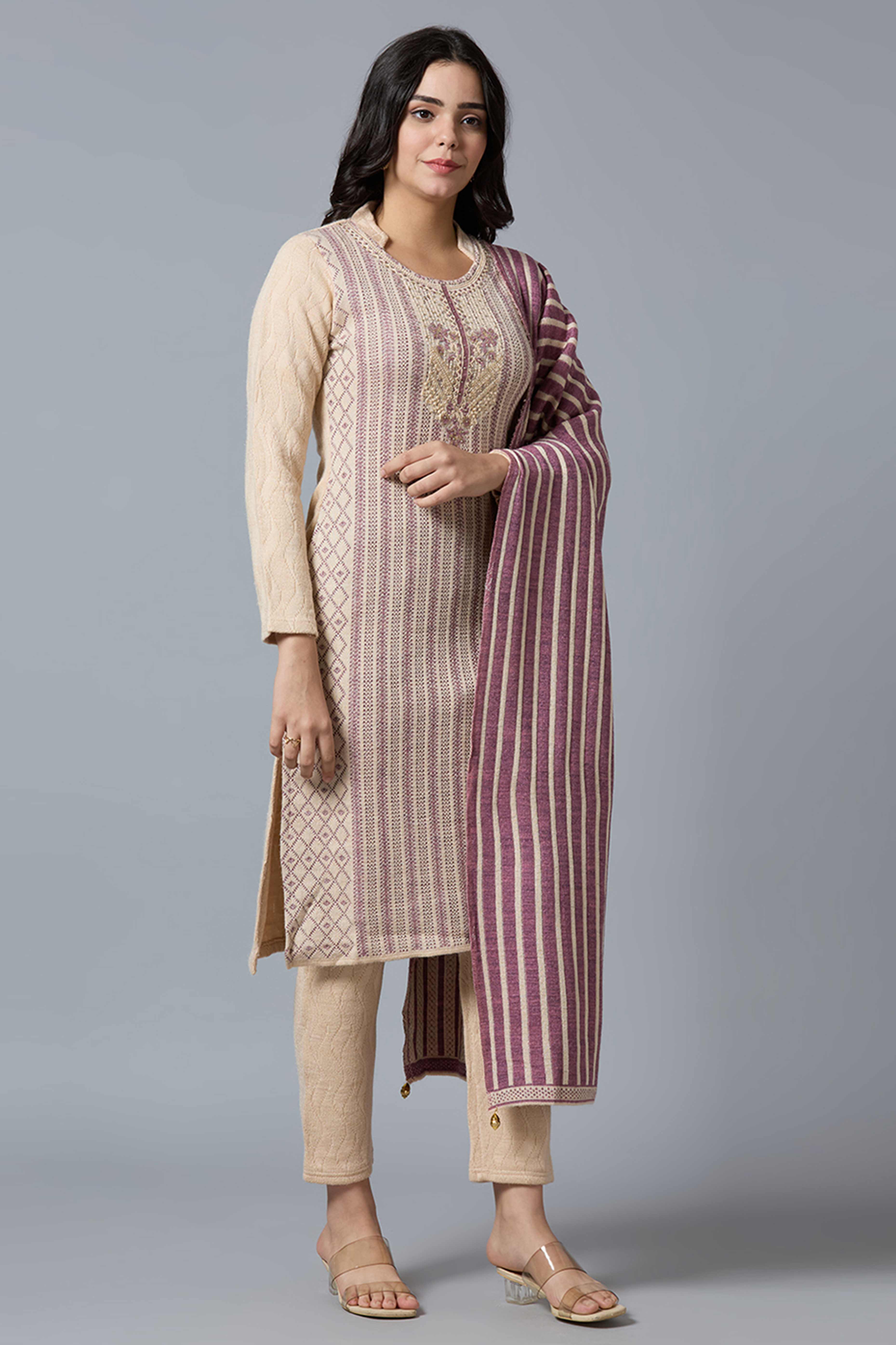 Beige Woven Woolen Straight Salwar Suit - Image 4