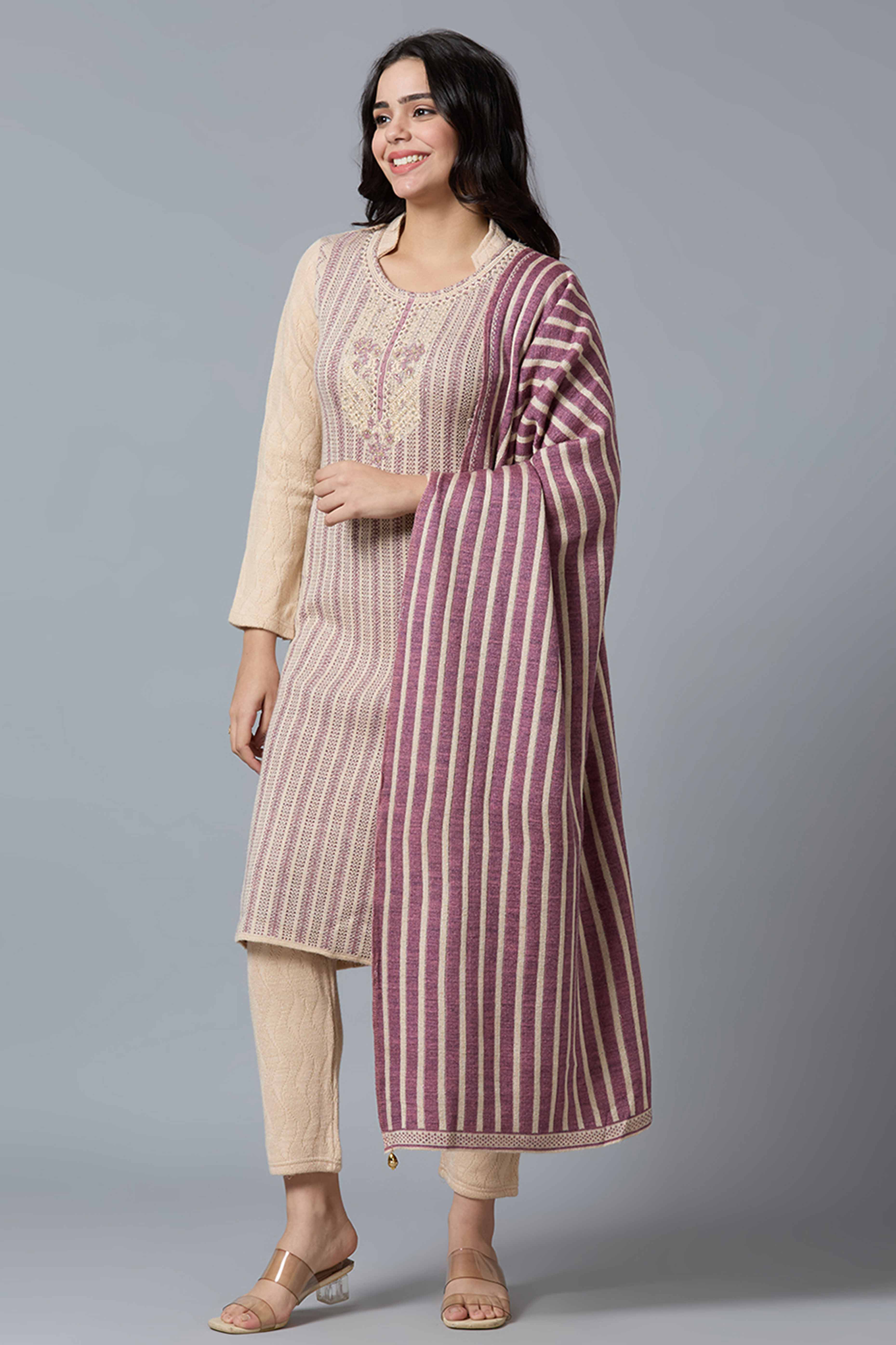 Beige Woven Woolen Straight Salwar Suit - Image 5