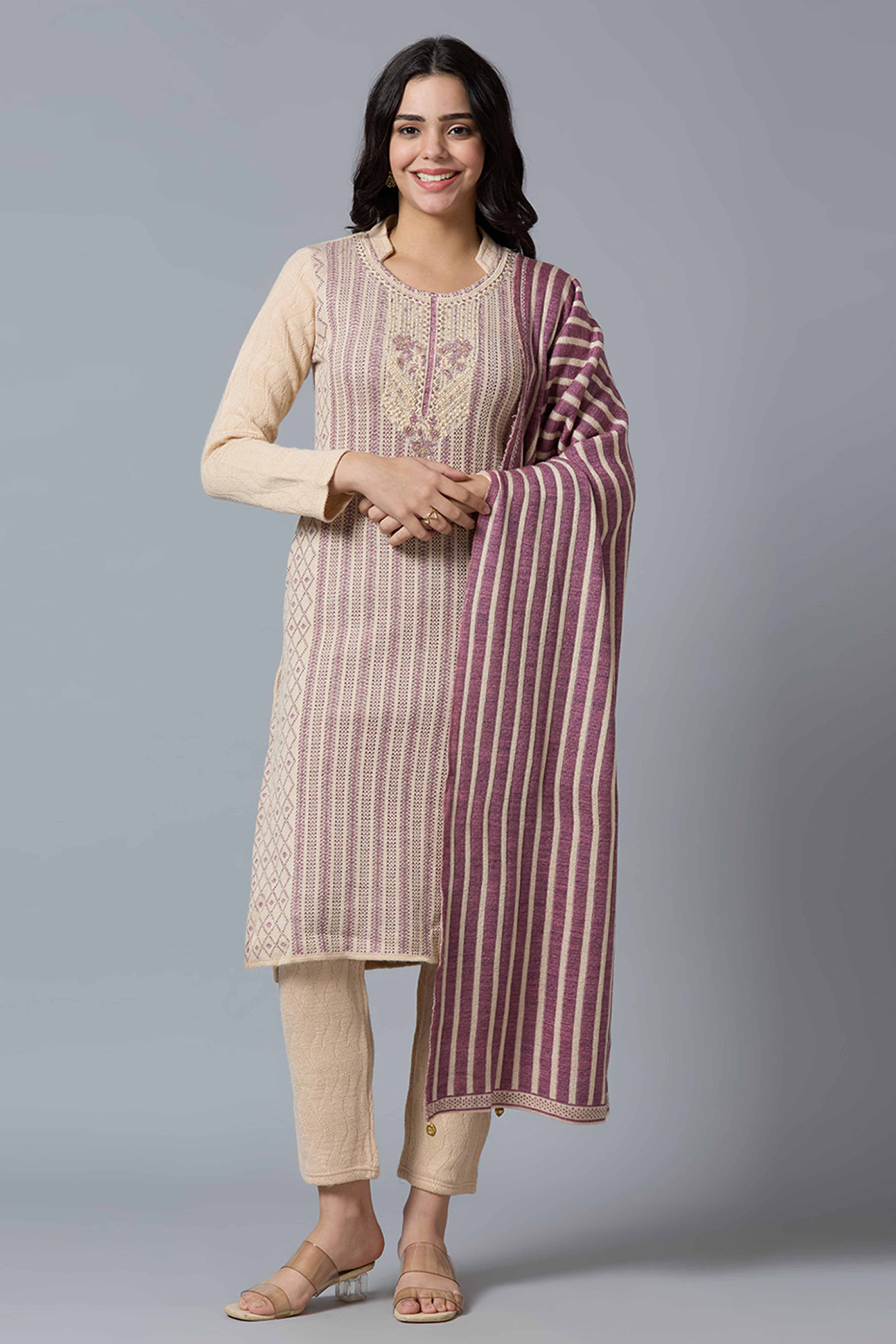 Beige Woven Woolen Straight Salwar Suit - Image 6