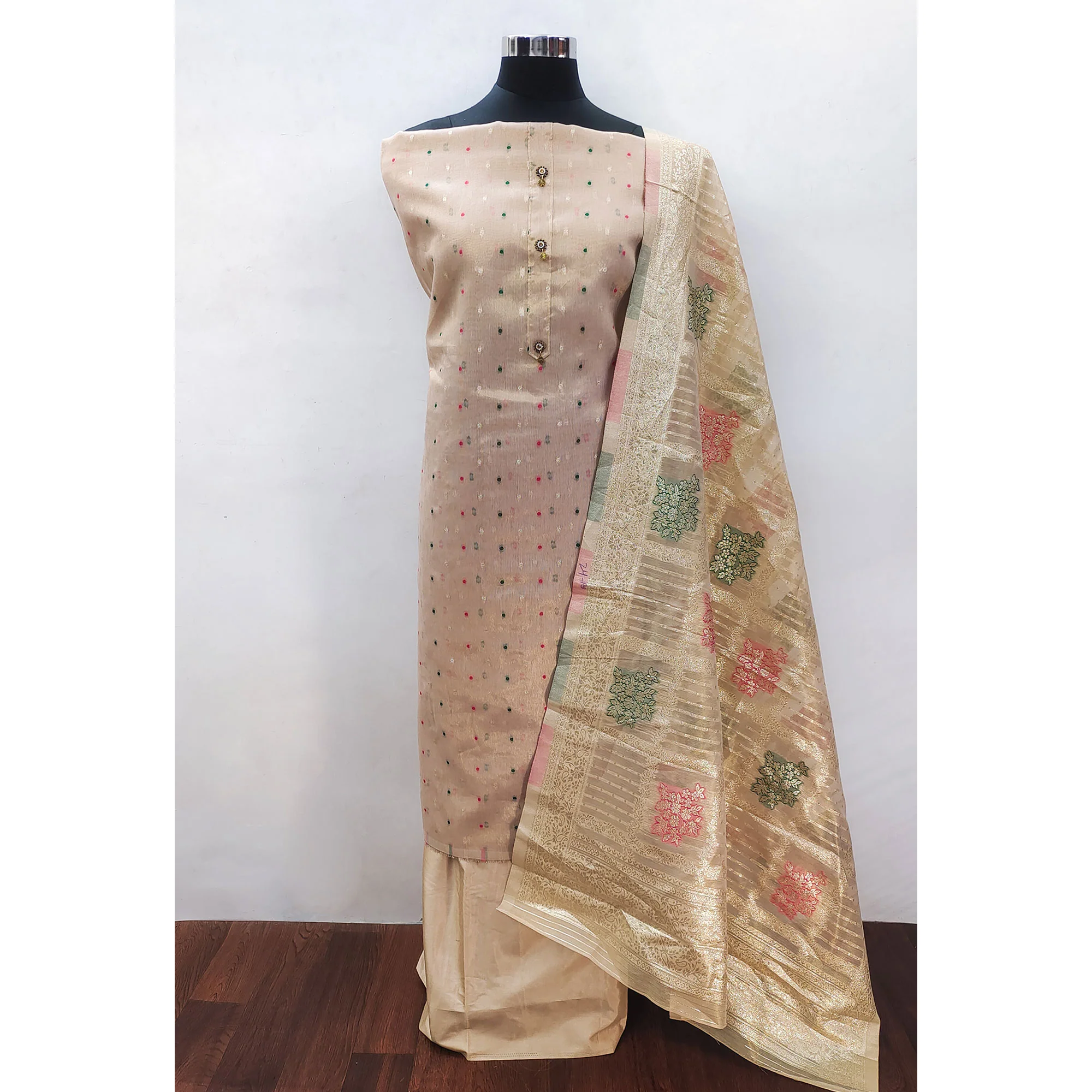 Beige Zari Weaving Banarasi Silk Dress Material - Image 3