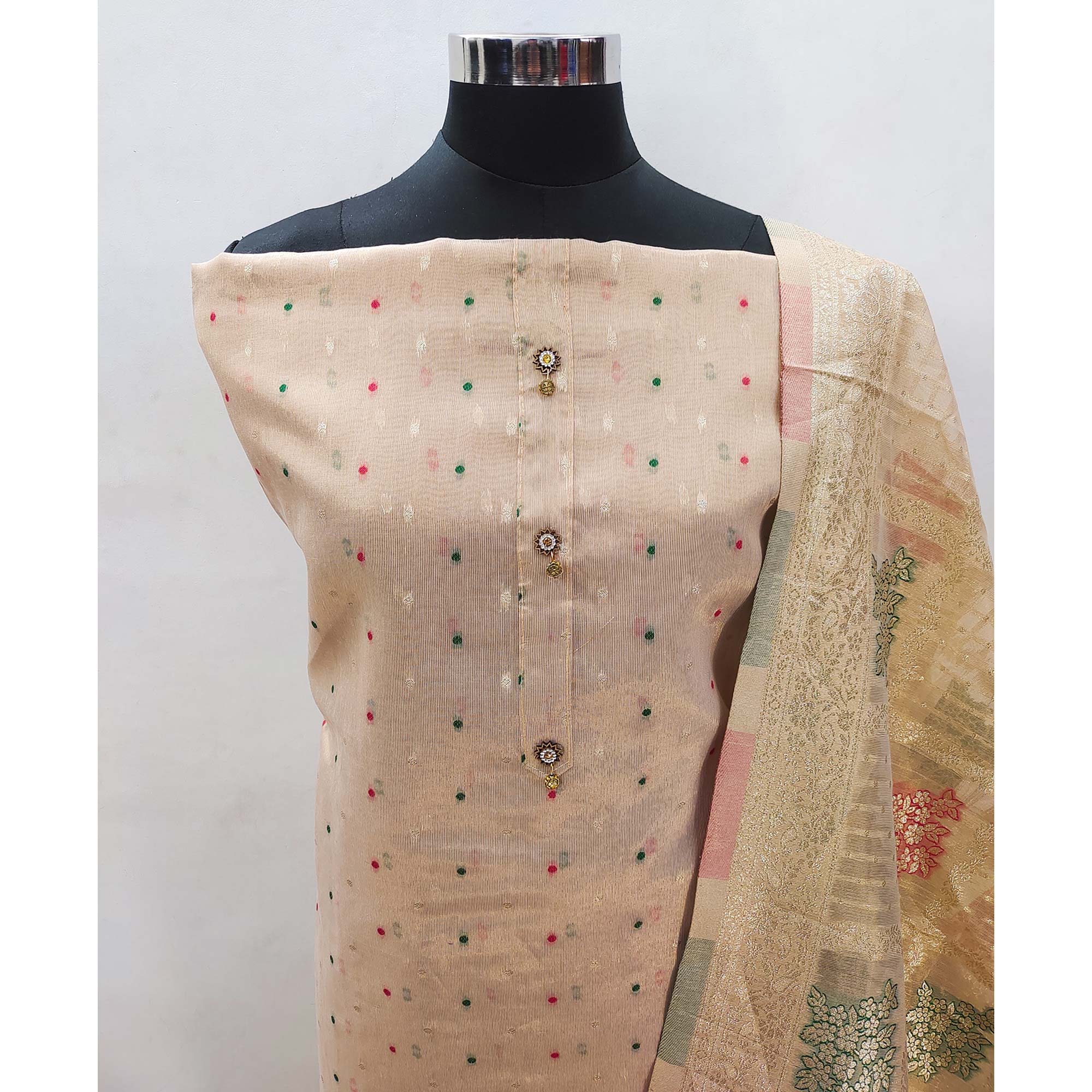 Beige Zari Weaving Banarasi Silk Dress Material - Image 4