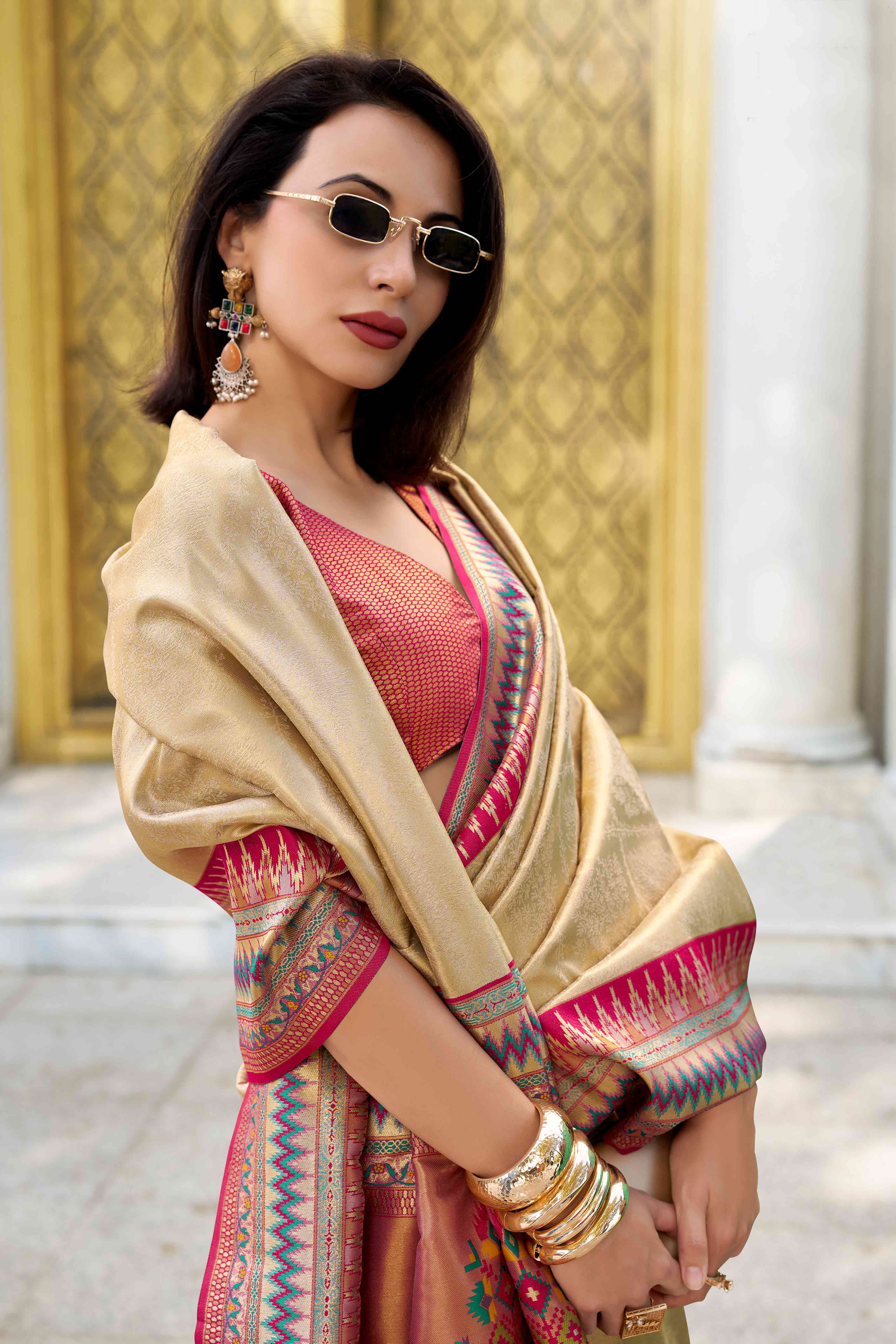 Beige Zari Weaving Tissue Silk Saree - Image 5