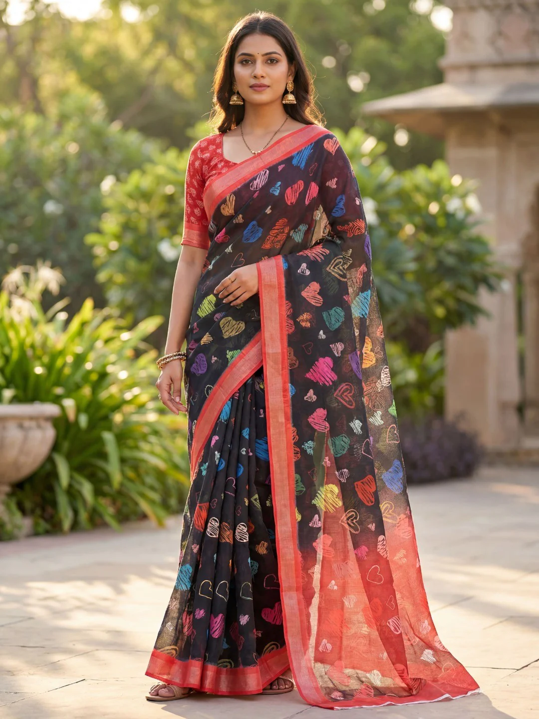 Black Abstract Printed Linen Party Wear Saree with Elegant Draping