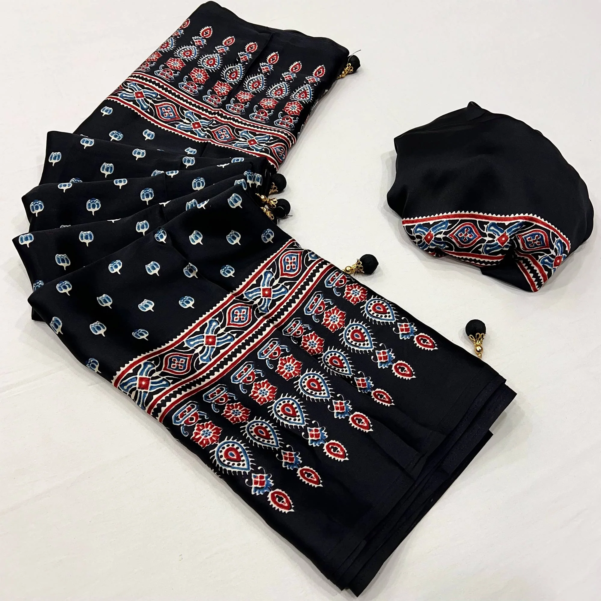 Black Ajrakh Inspired Printed Modal Satin Saree for Party Occasions - Image 10
