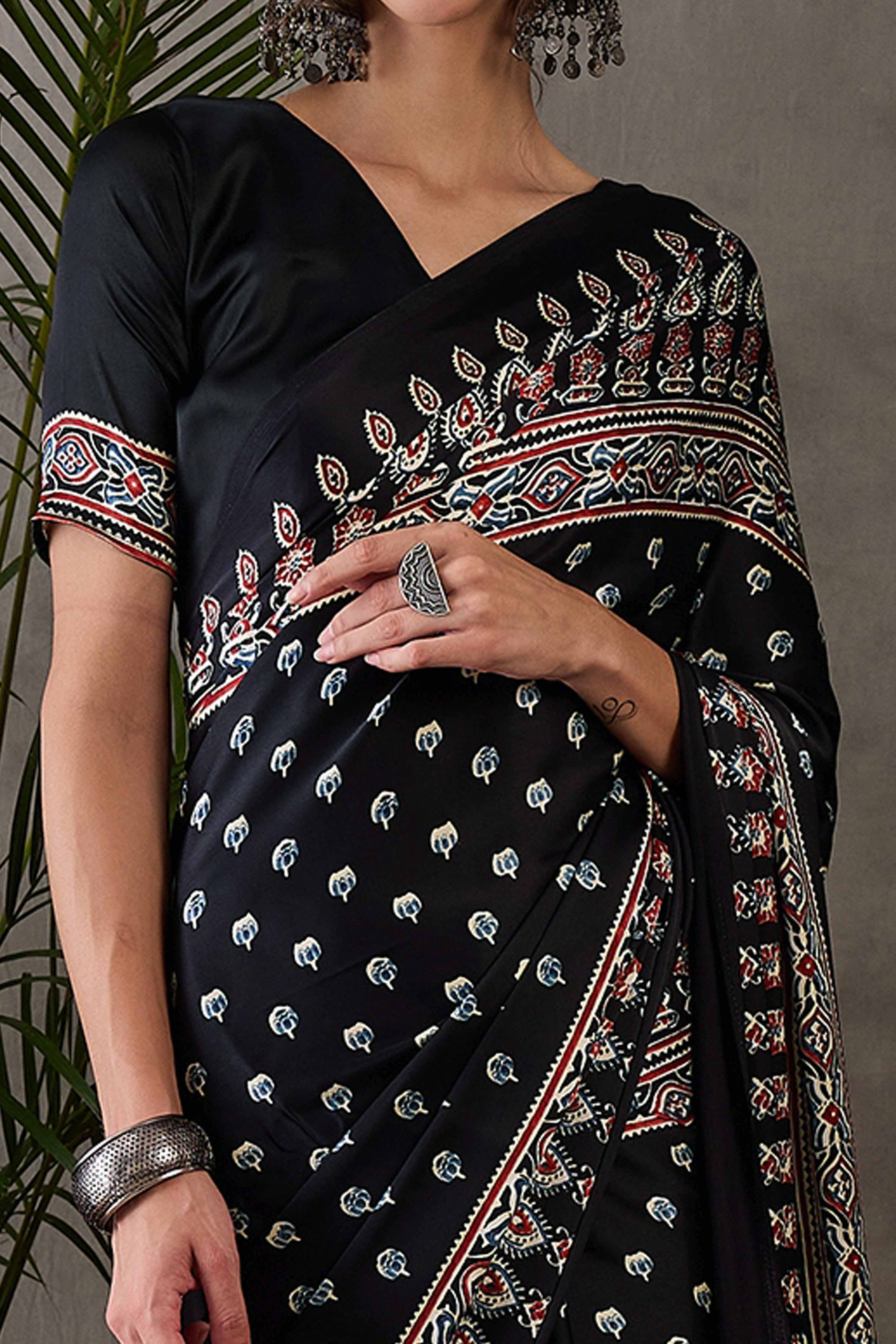 Black Ajrakh Inspired Printed Modal Satin Saree for Party Occasions - Image 2