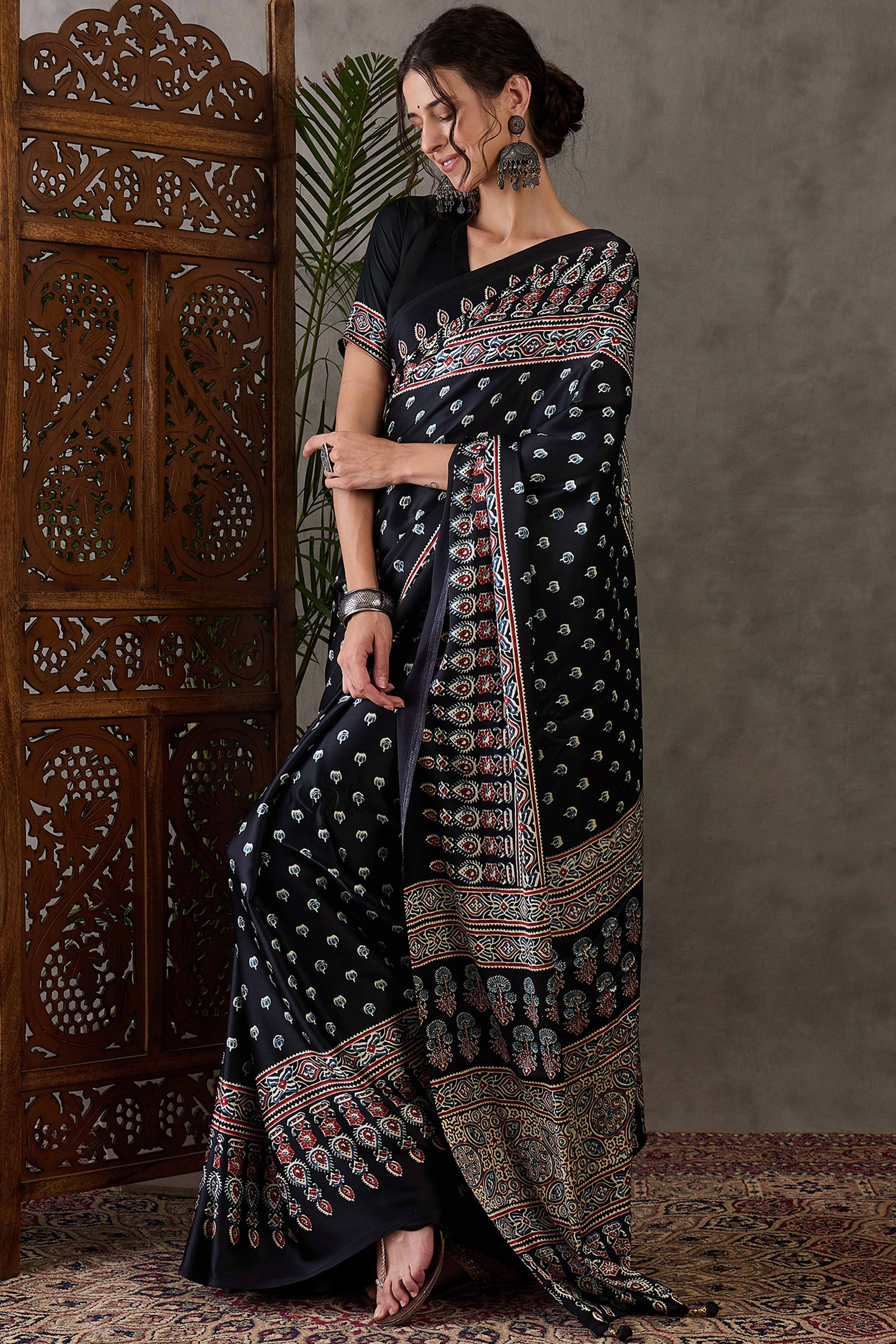 Black Ajrakh Inspired Printed Modal Satin Saree for Party Occasions - Image 3