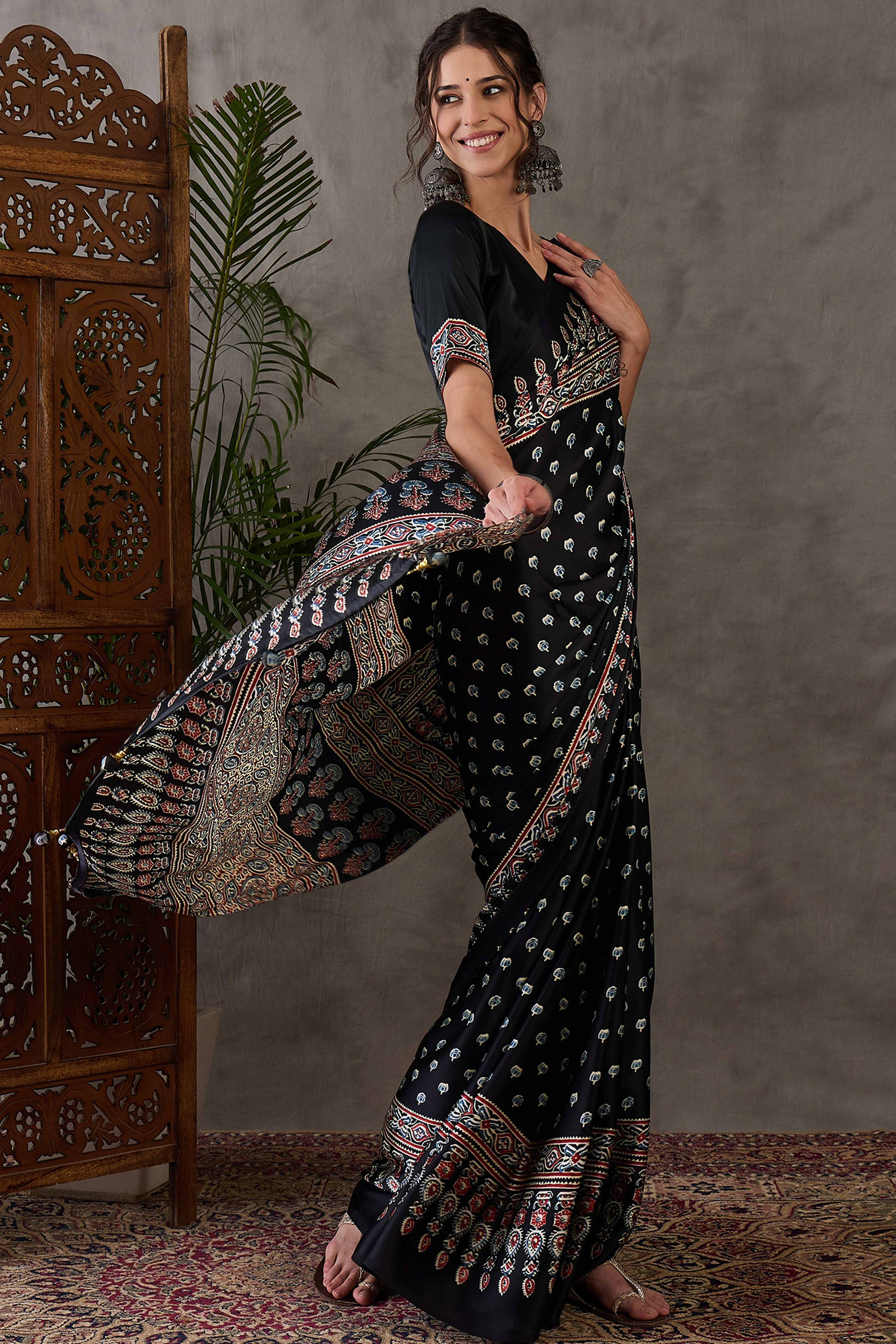 Black Ajrakh Inspired Printed Modal Satin Saree for Party Occasions - Image 4