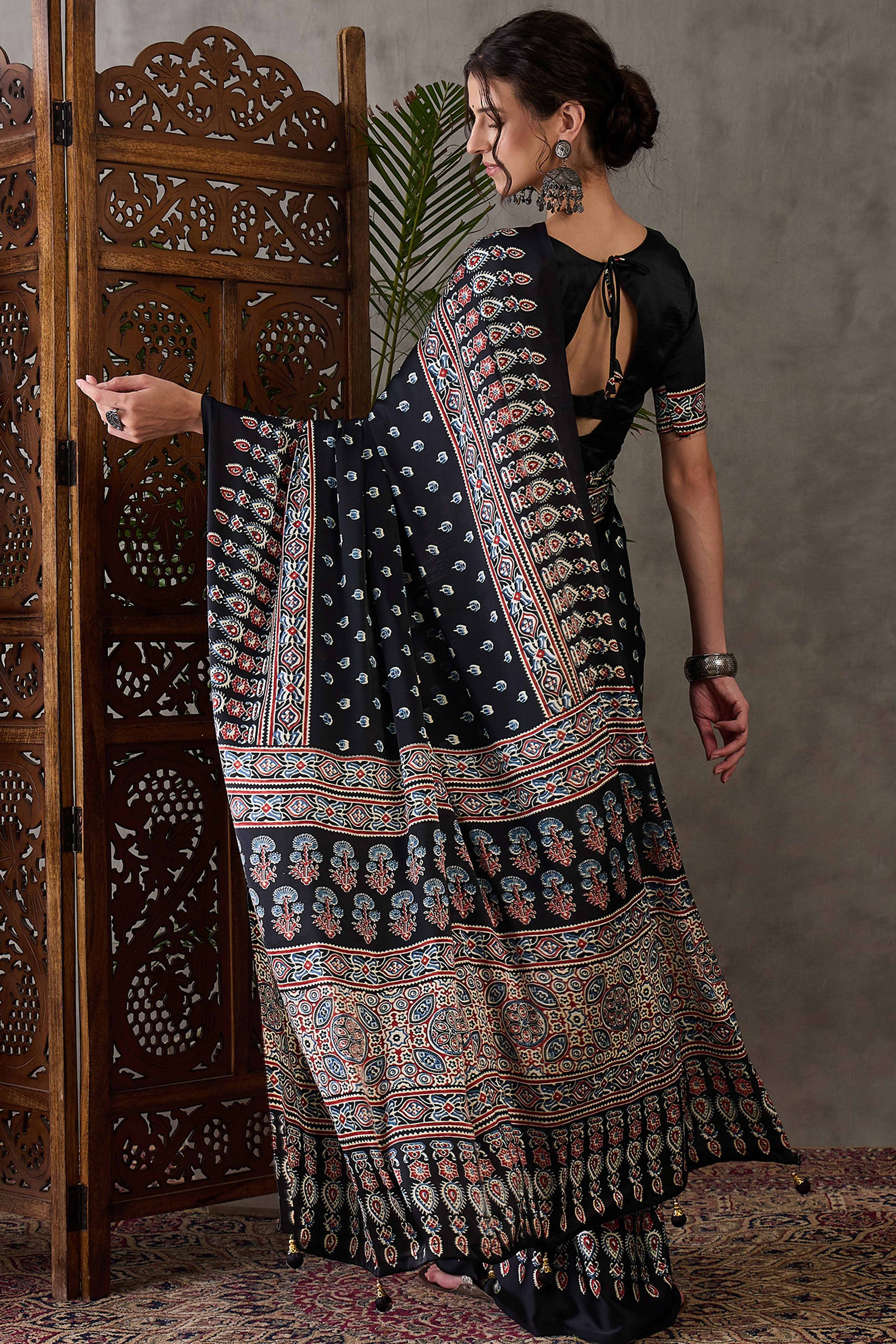 Black Ajrakh Inspired Printed Modal Satin Saree for Party Occasions - Image 5