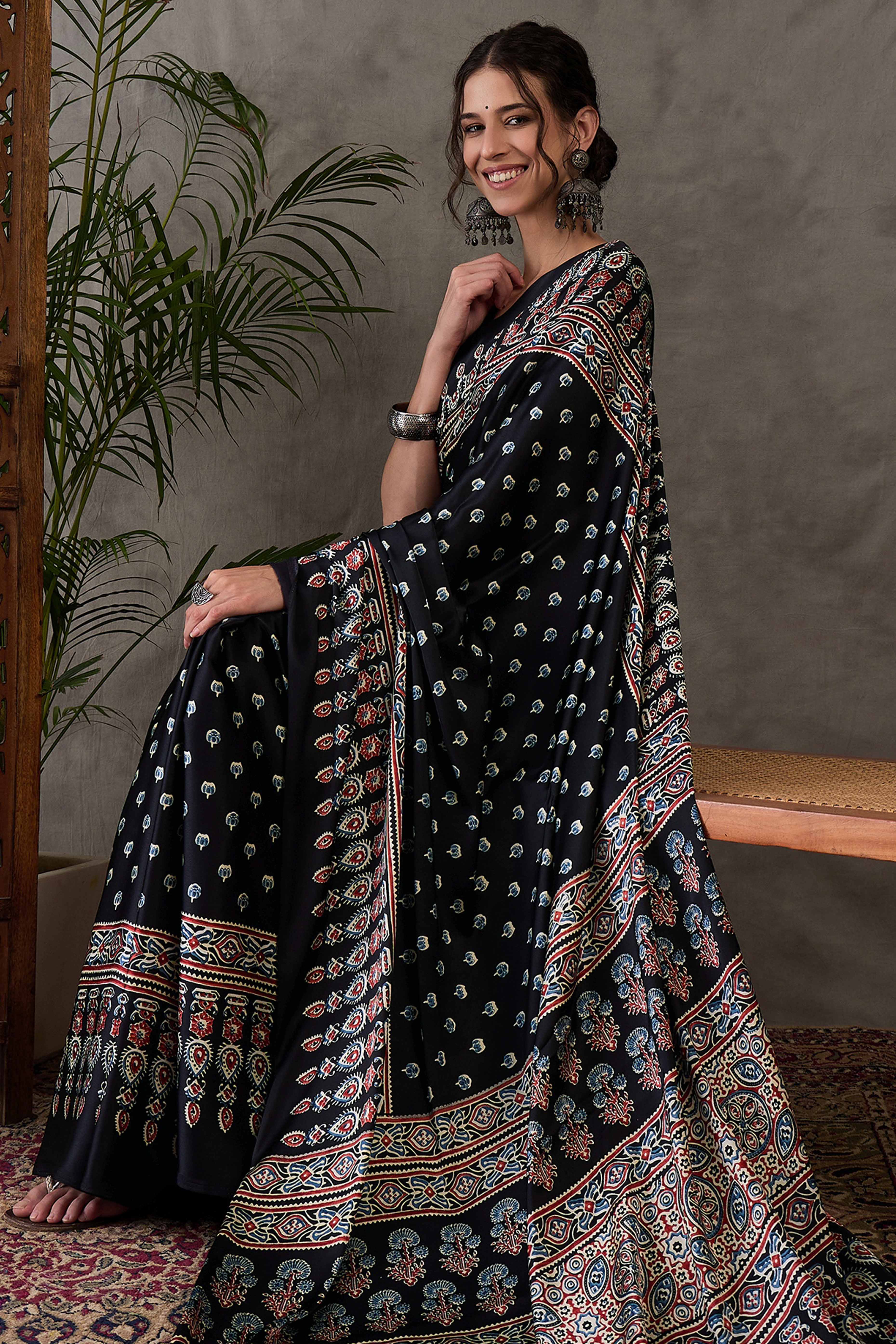 Black Ajrakh Inspired Printed Modal Satin Saree for Party Occasions - Image 6