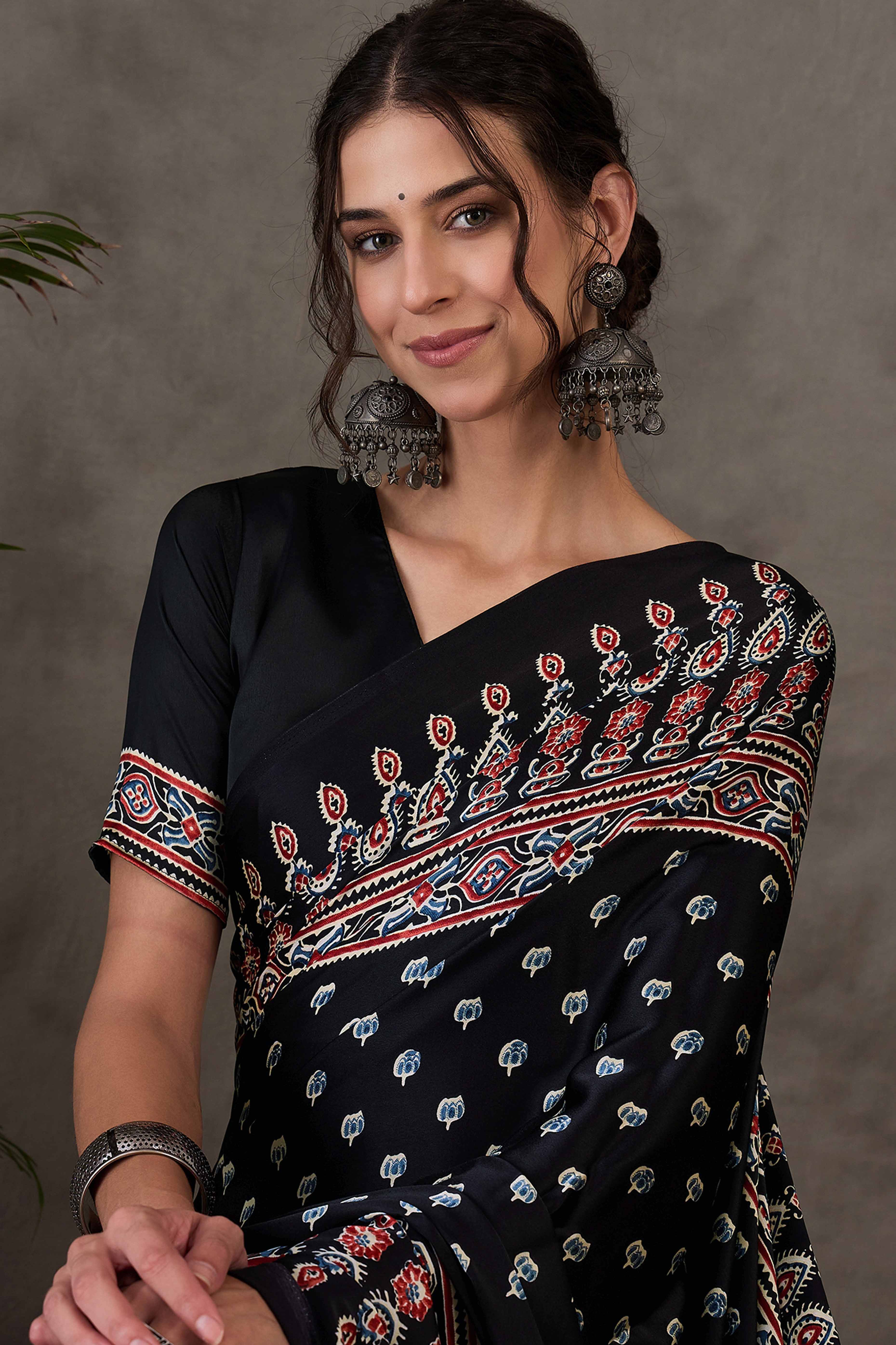 Black Ajrakh Inspired Printed Modal Satin Saree for Party Occasions - Image 7