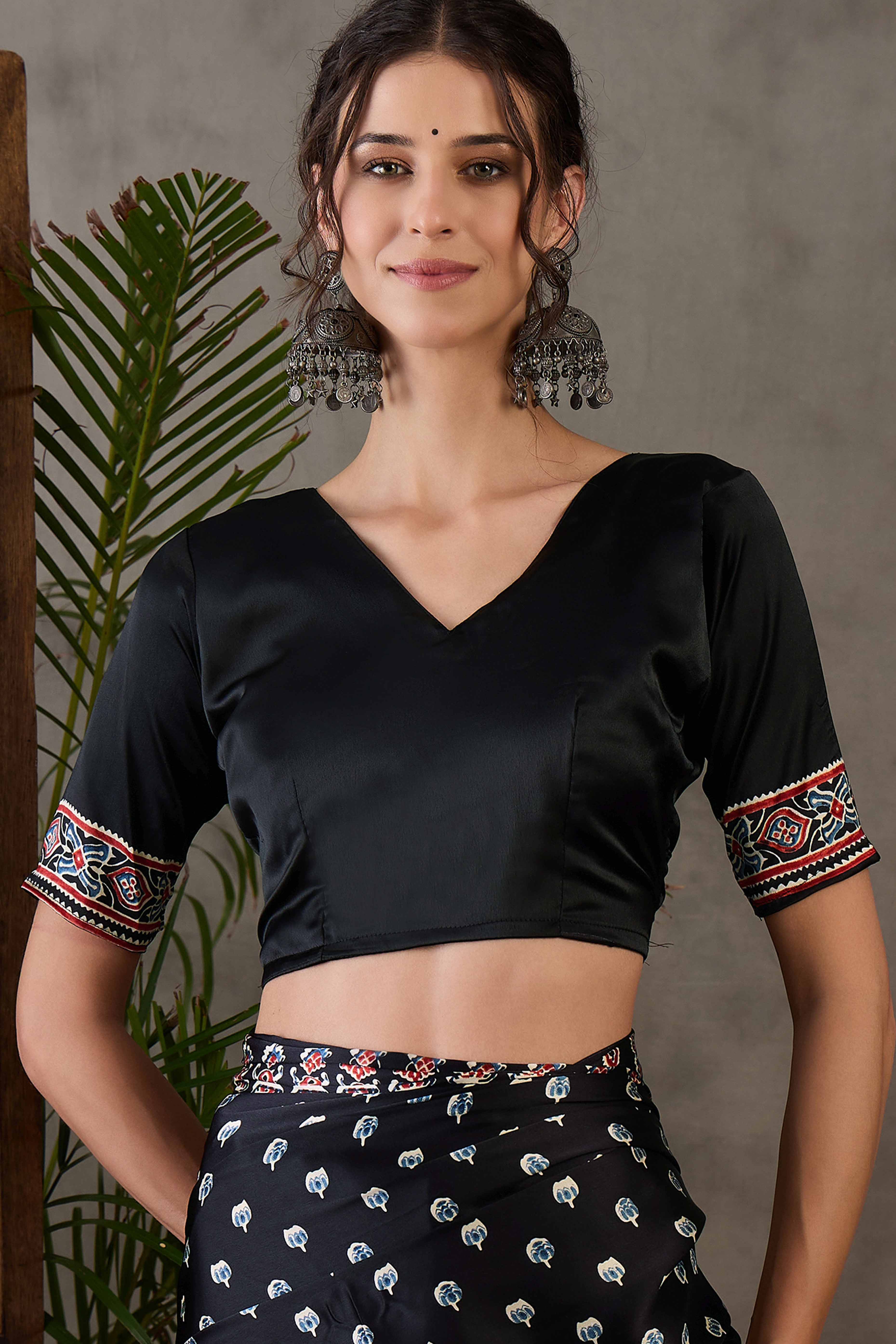 Black Ajrakh Inspired Printed Modal Satin Saree for Party Occasions - Image 8