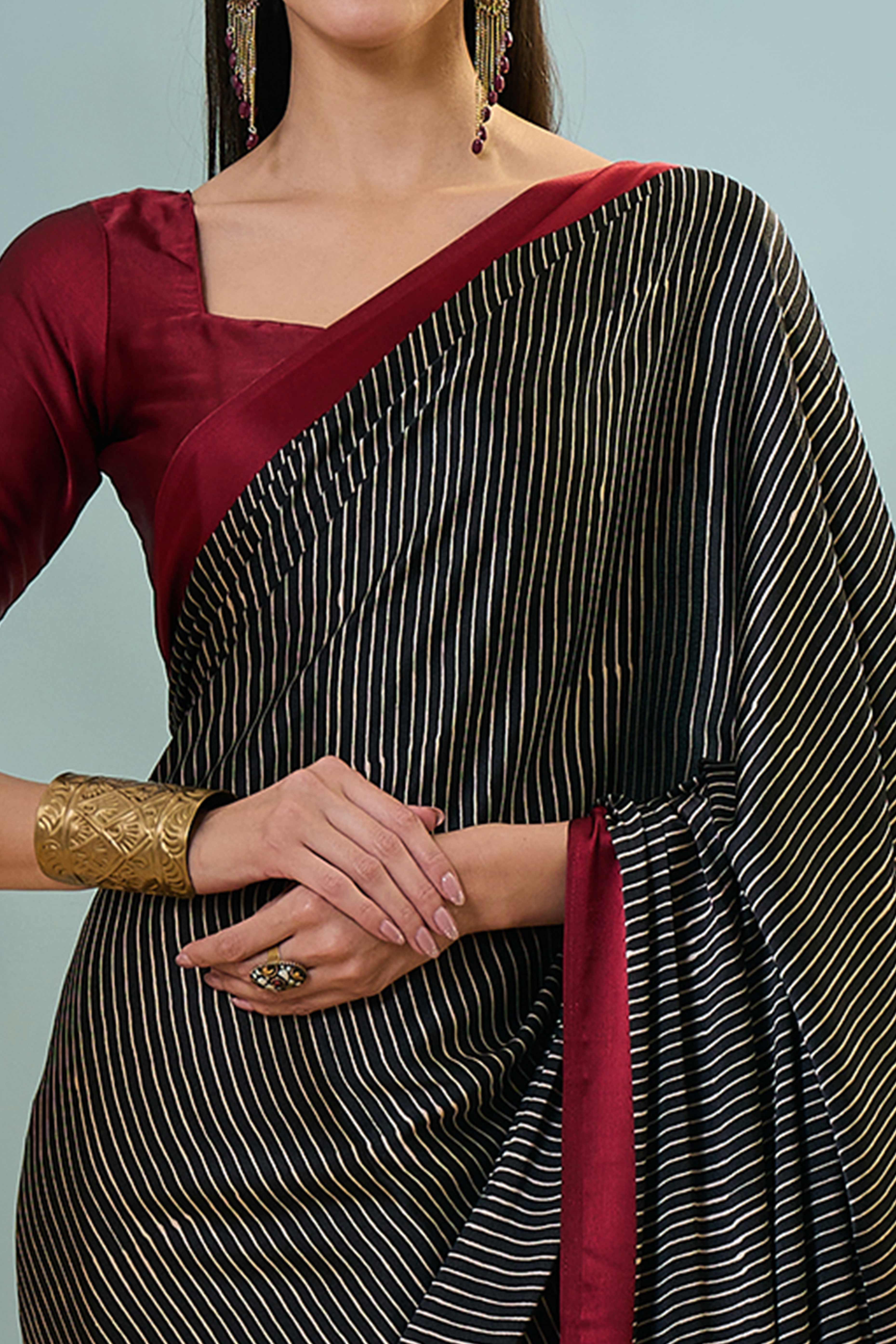 Black Ajrakh Print Satin Saree With Traditional Charm - Image 2