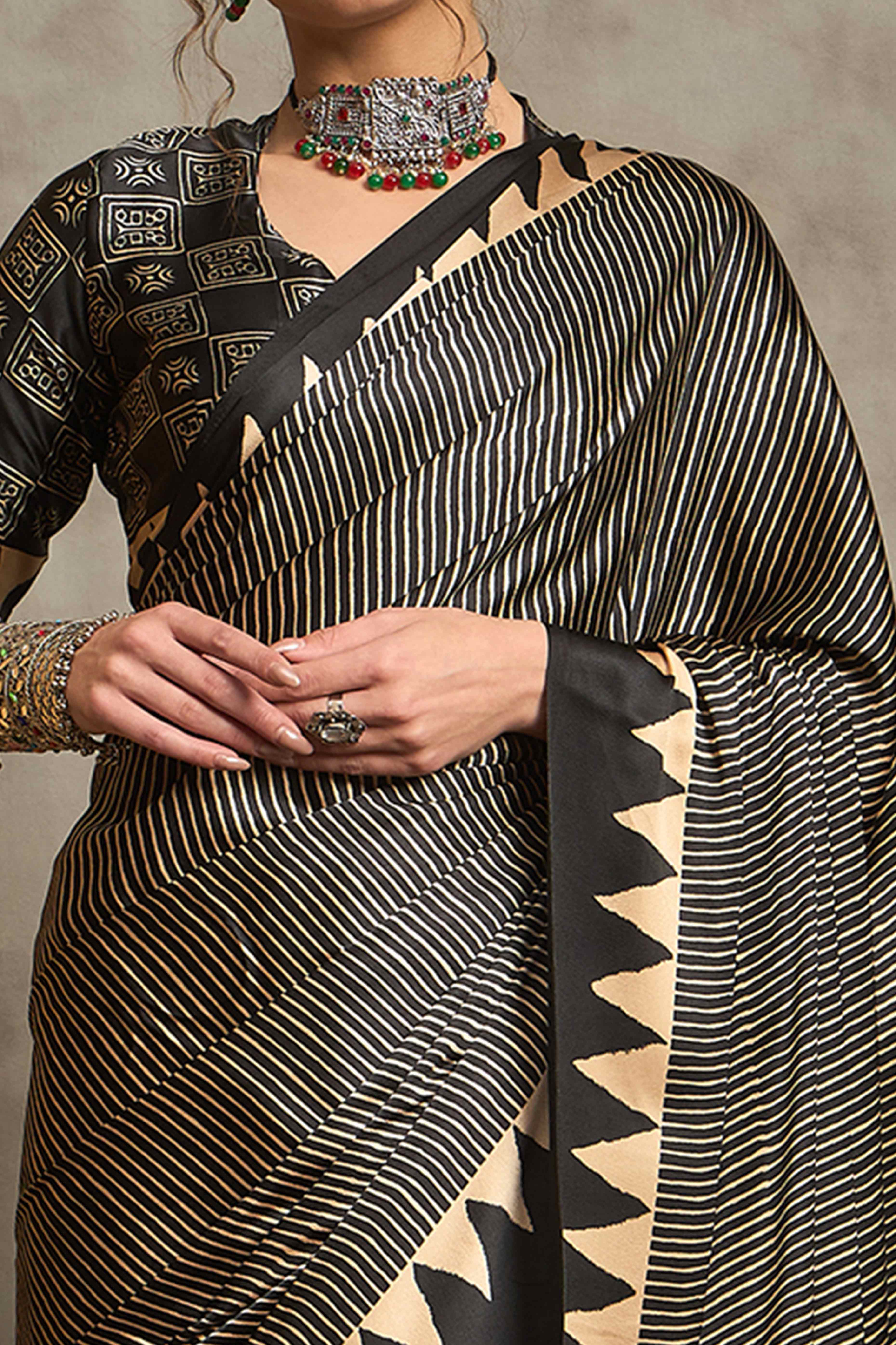 Black Ajrakh Print Satin Saree with Traditional Charm - Image 2