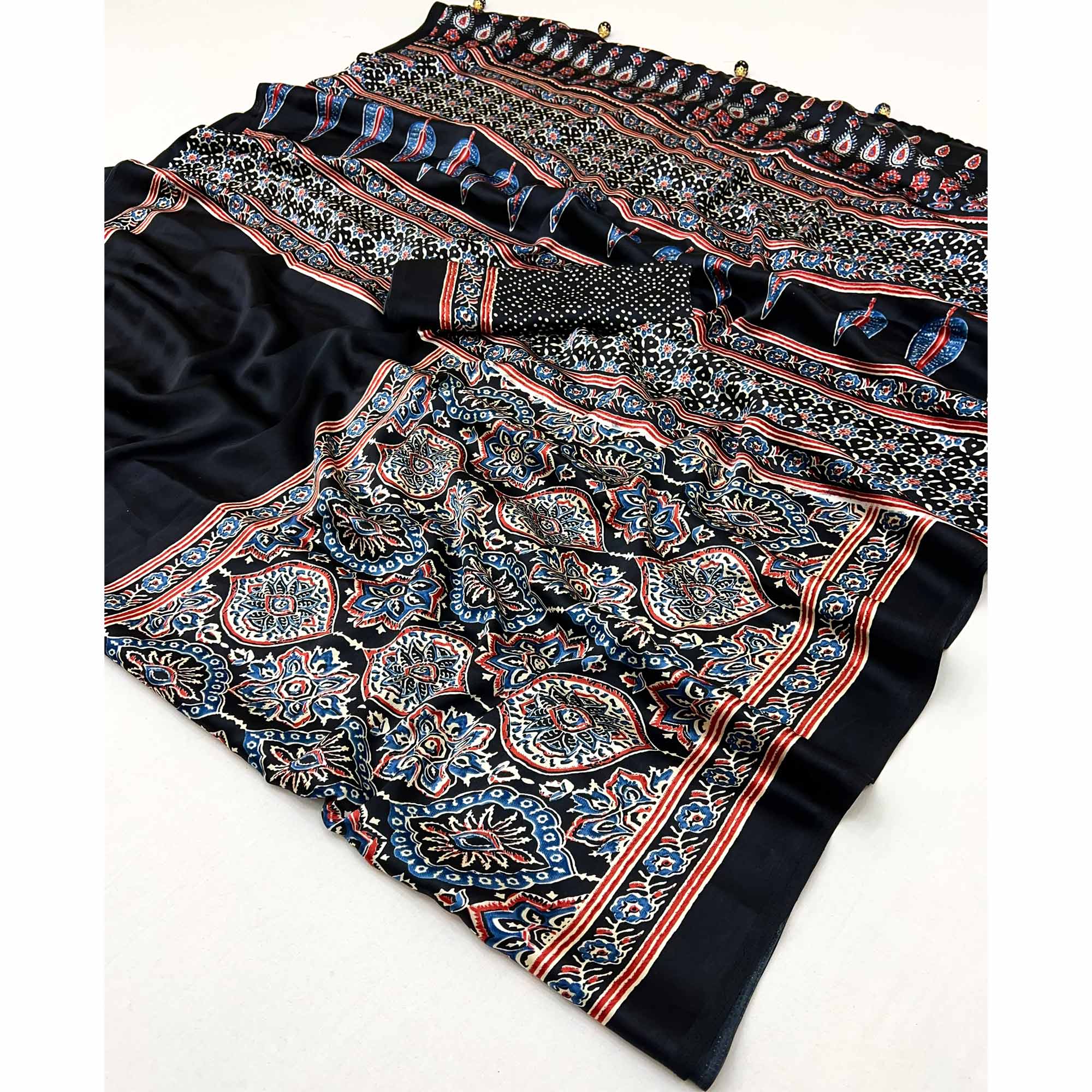 Black Ajrakh Printed Modal Satin Saree with Rich Party Wear Look - Image 11