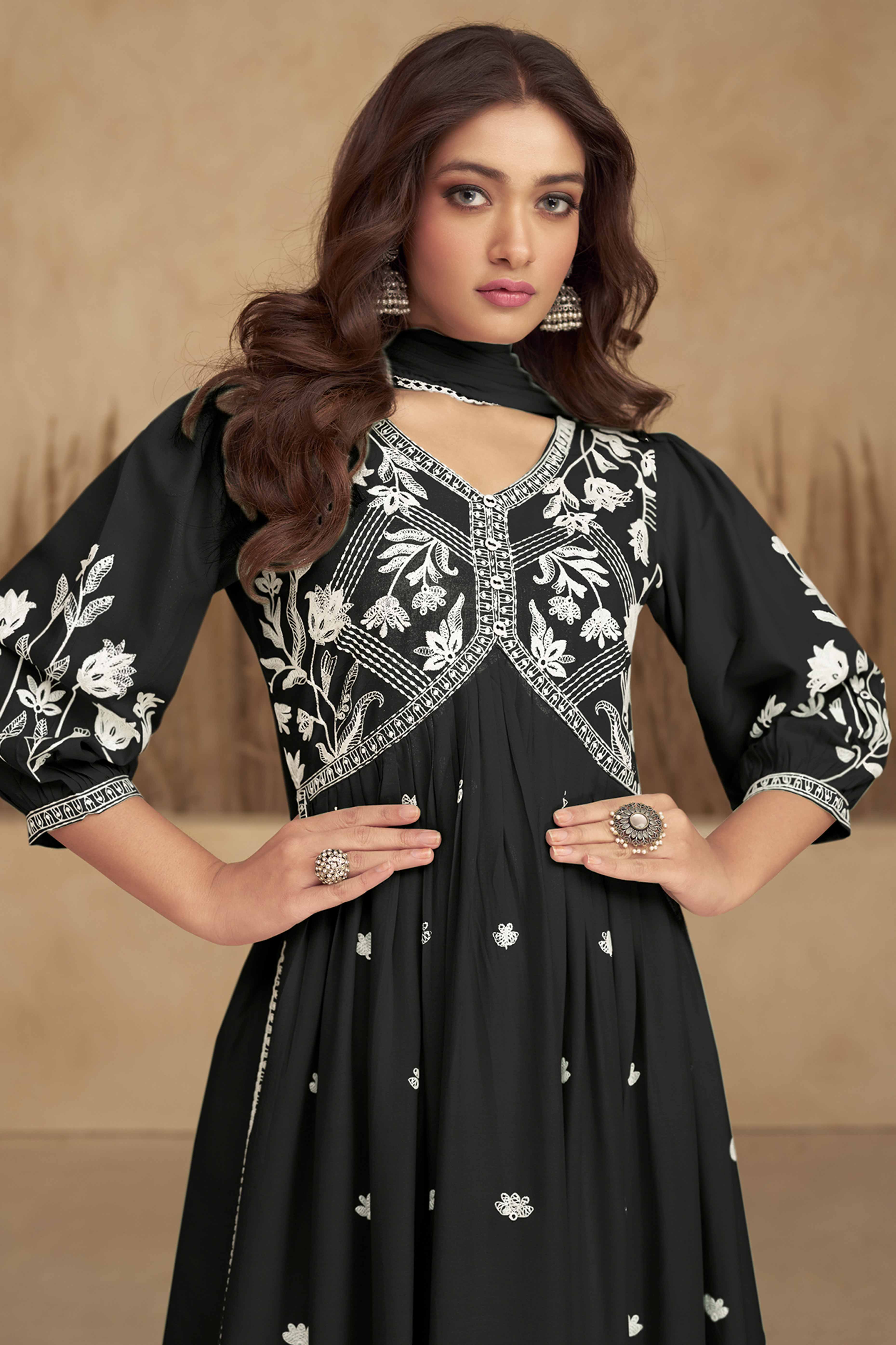 Black Alia Cut Rayon Suit with Classic Lucknowi Embroidery - Image 3