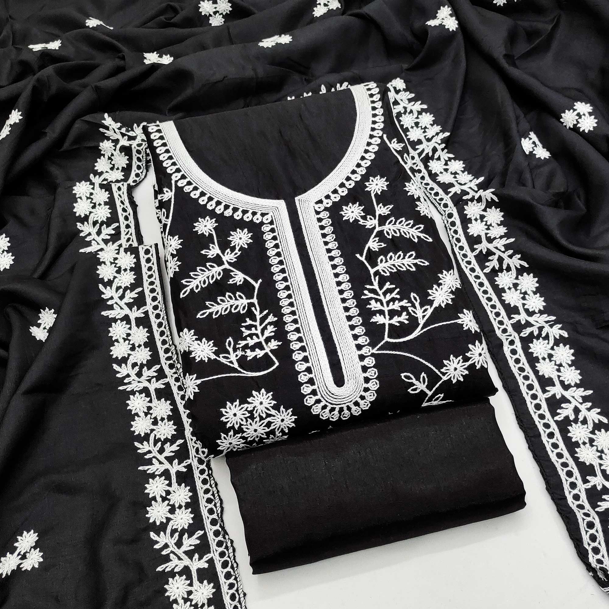 Black Art Silk Dress Material Adorned With Floral Thread Embroidery Work - Image 3