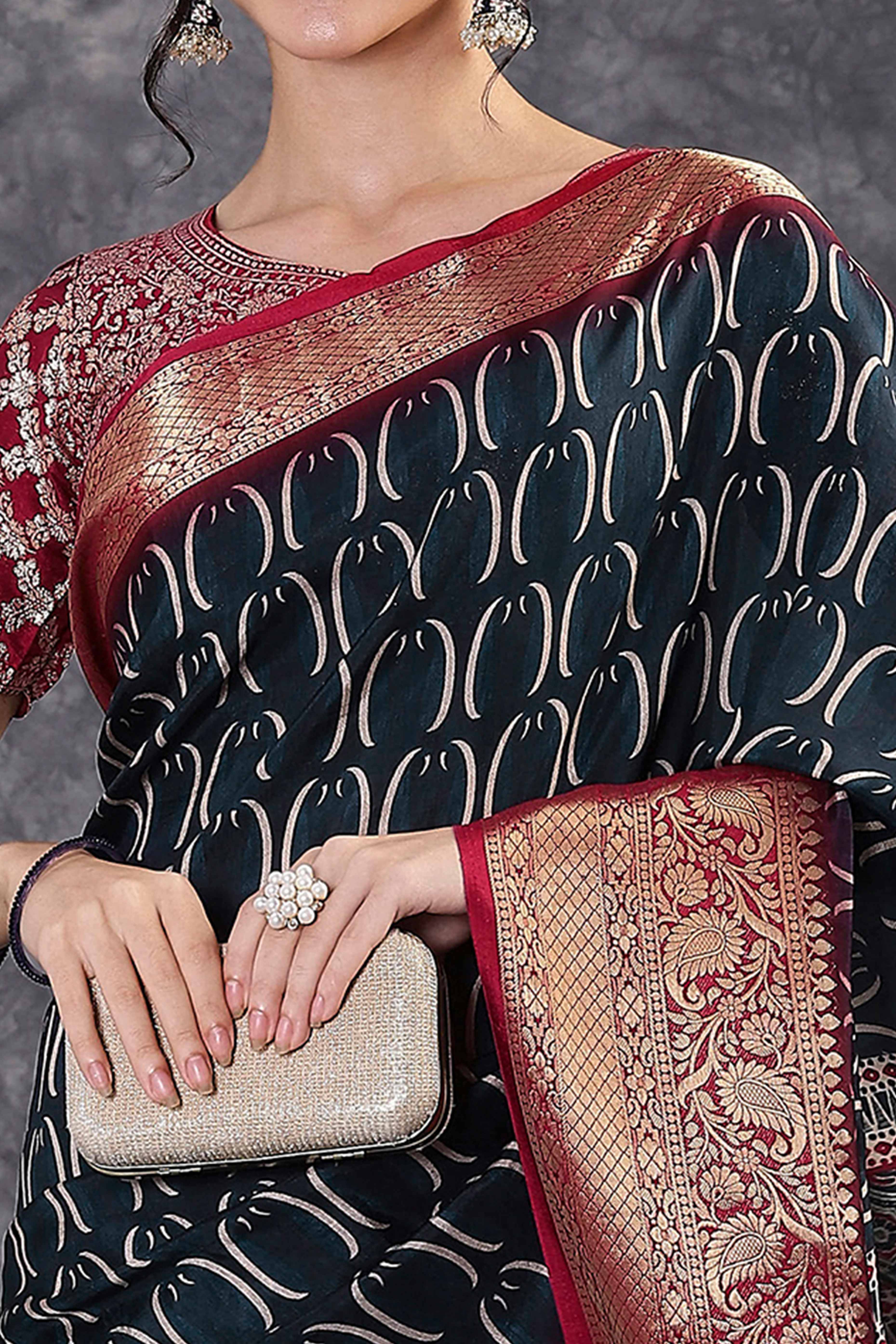 Black Artistic Print Saree in Dola Silk with Woven Border - Image 2