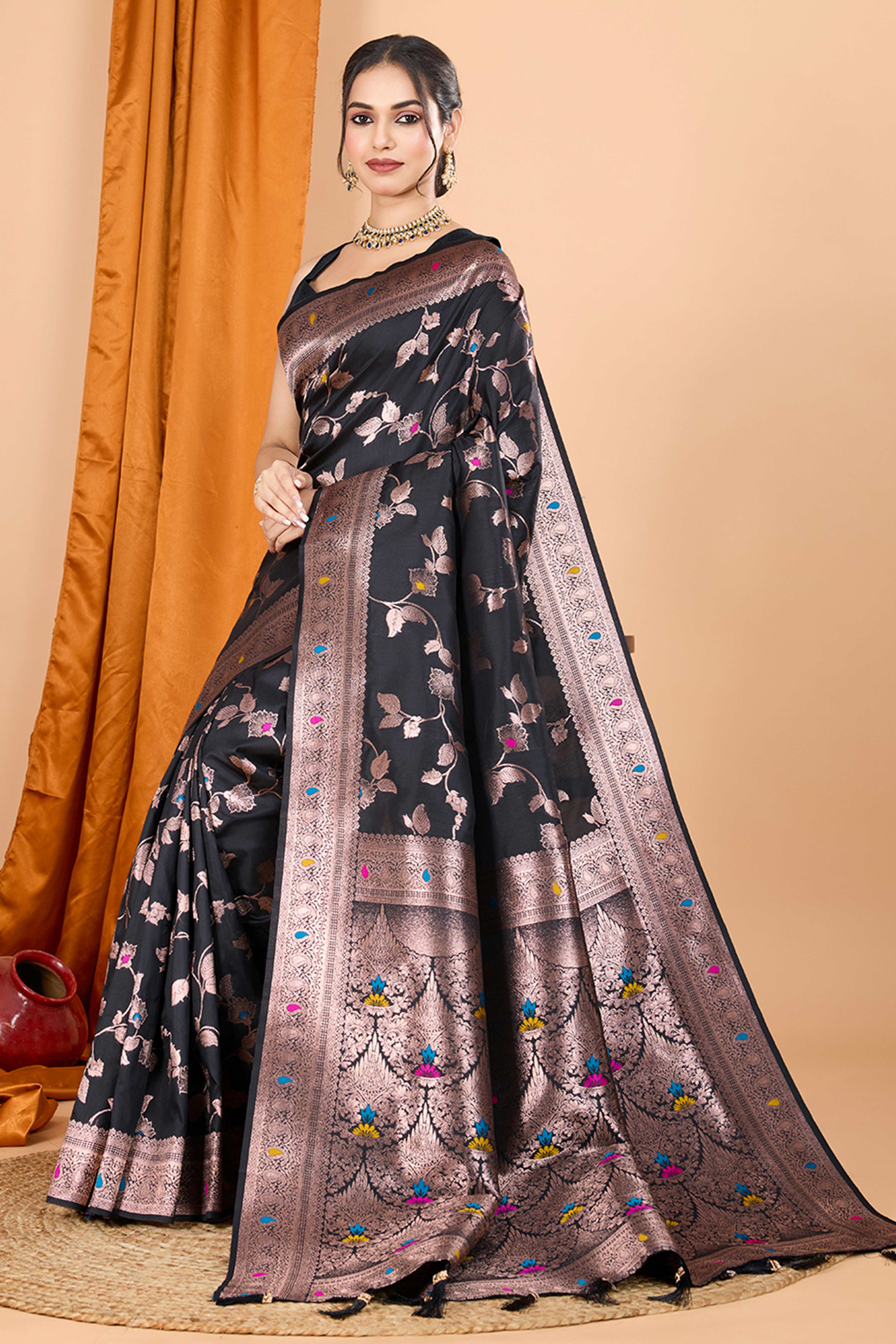 Black Banarasi Silk Saree With Exquisite Floral Zari Weaving and Elegant Tassels - Image 4
