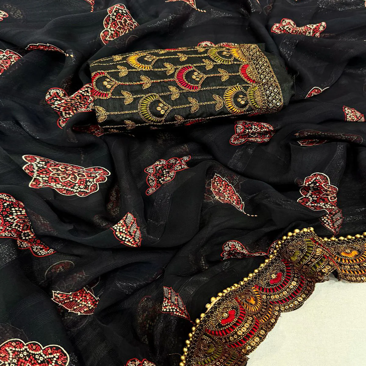 Black Bandhani Printed Georgette Saree for Festive Wear with Lace Detailing - Image 2