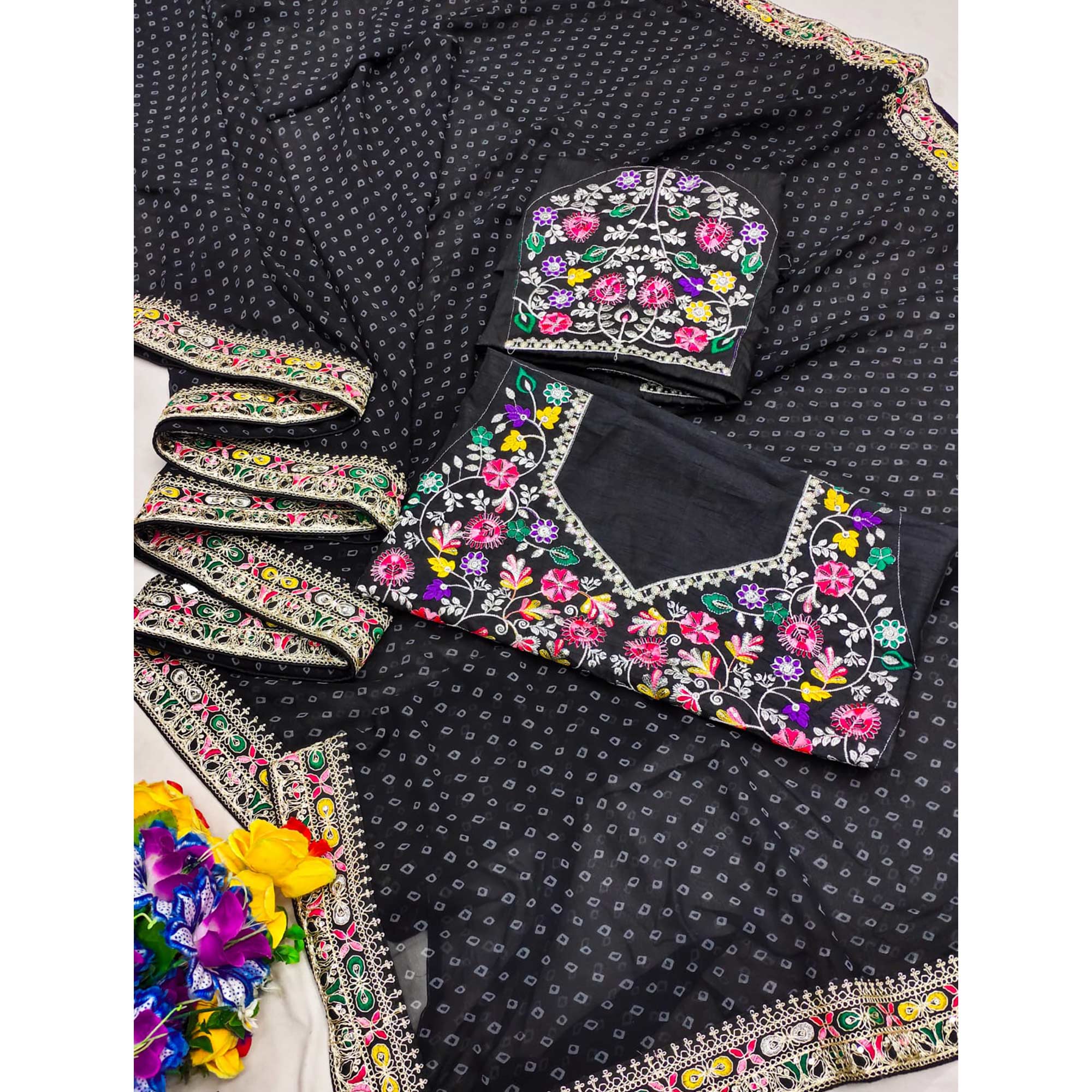 Black Bandhani Printed Georgette Saree With Embroidered Border - Image 7