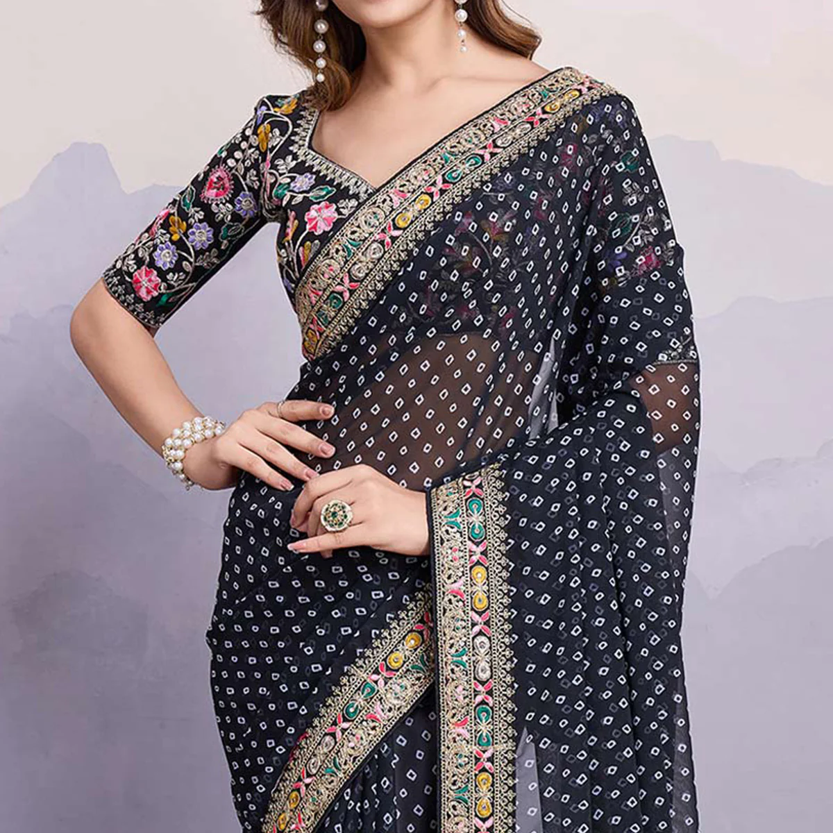 Black Bandhani Printed Georgette Saree With Embroidered Lace Border - Image 3