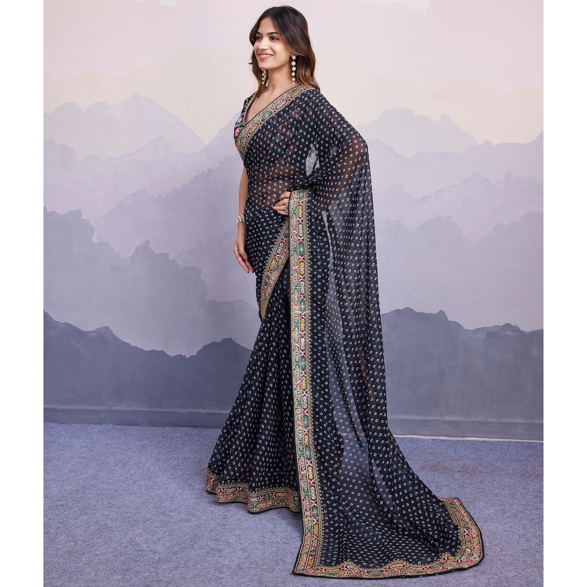 Black Bandhani Printed Georgette Saree With Embroidered Lace Border - Image 4