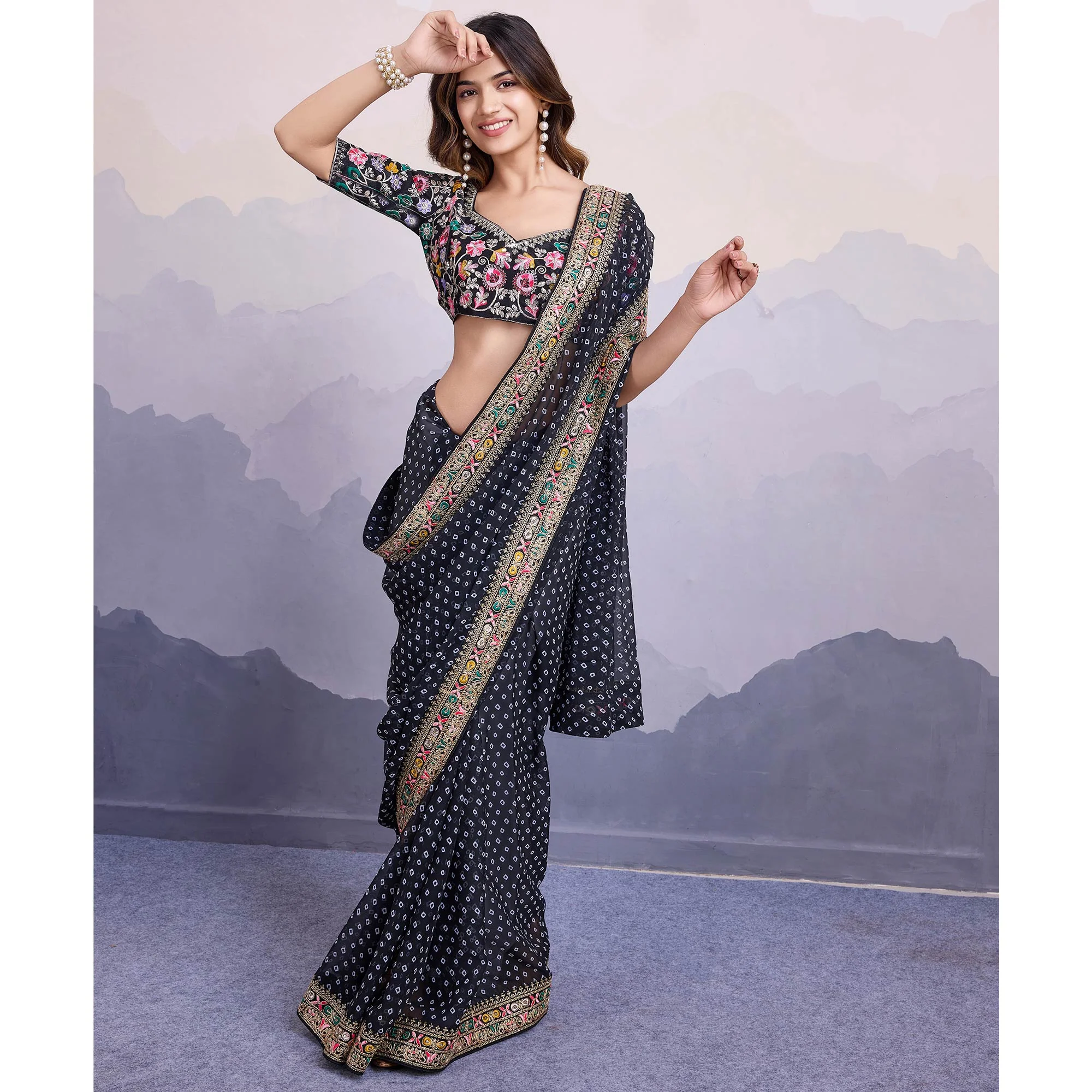 Black Bandhani Printed Georgette Saree With Embroidered Lace Border - Image 5