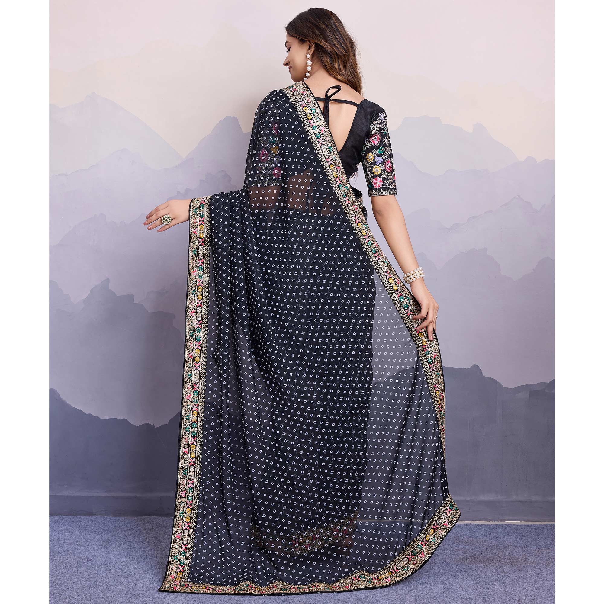 Black Bandhani Printed Georgette Saree With Embroidered Lace Border - Image 6