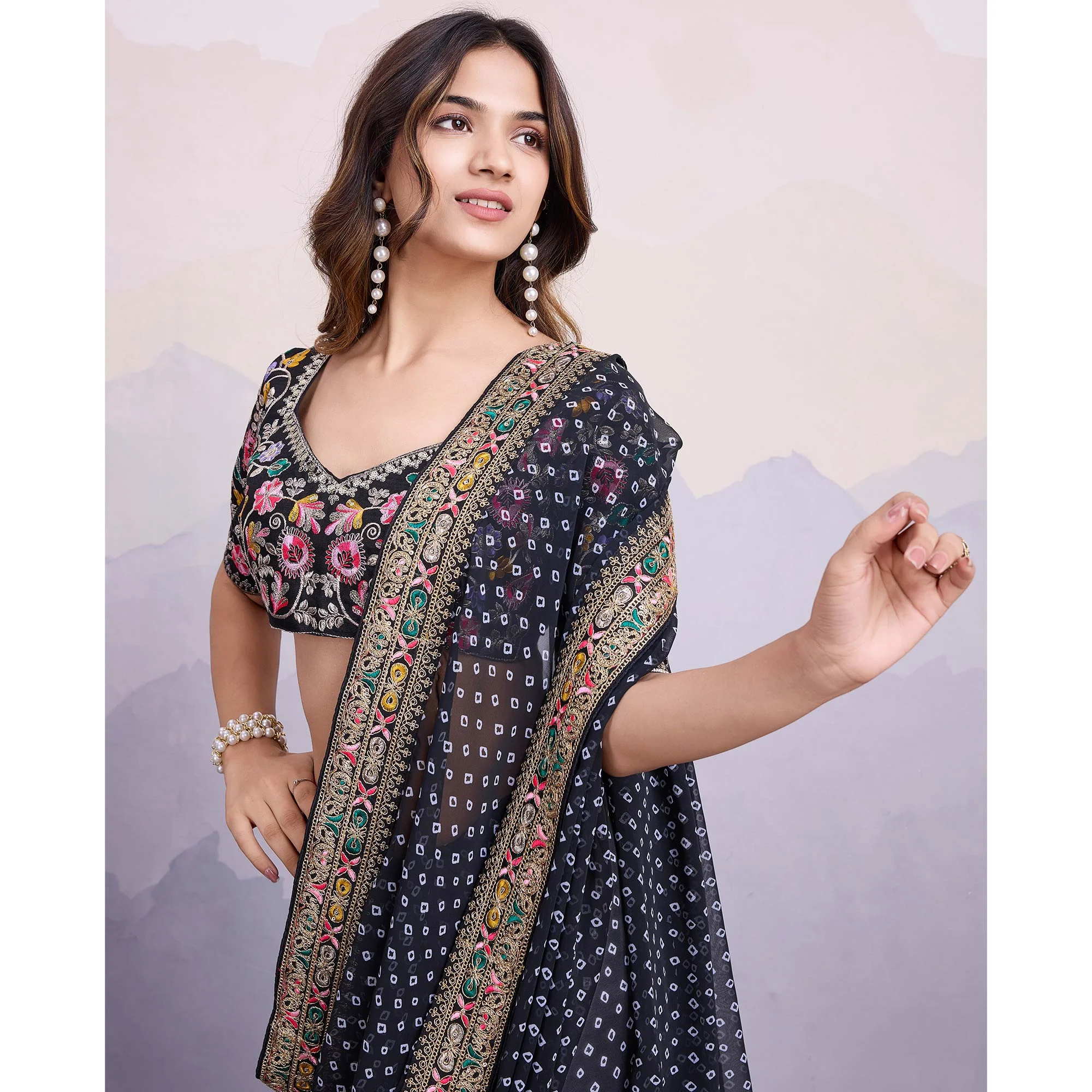 Black Bandhani Printed Georgette Saree With Embroidered Lace Border - Image 7