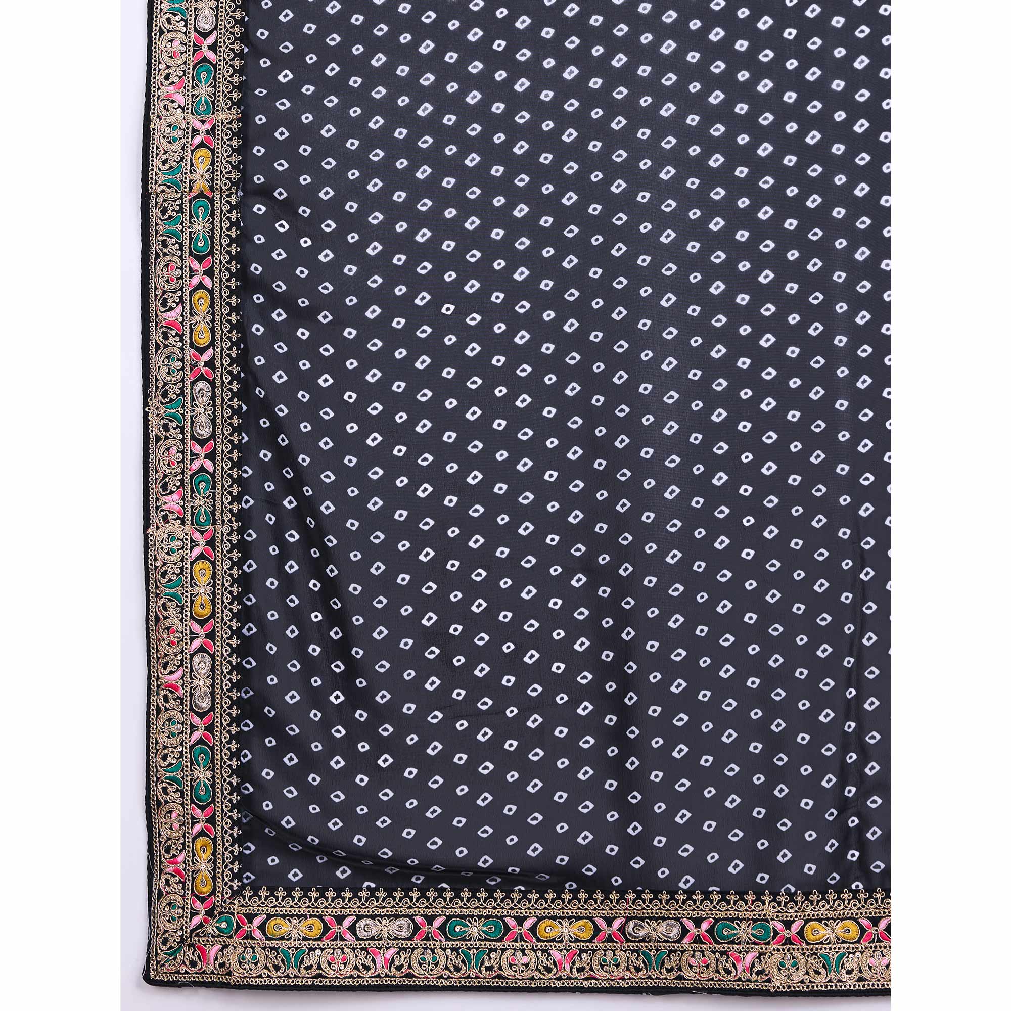 Black Bandhani Printed Georgette Saree With Embroidered Lace Border - Image 9