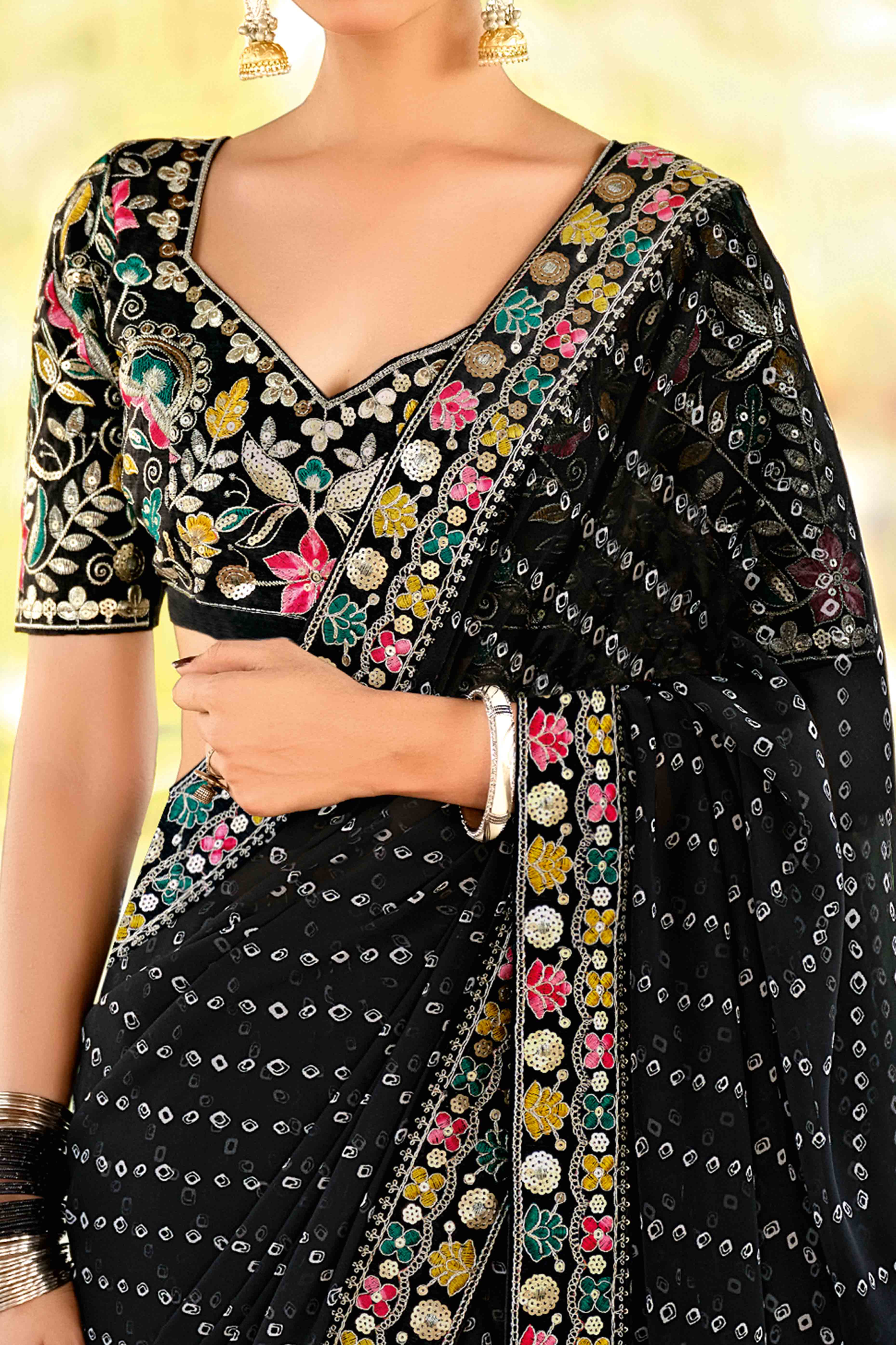 Black Bandhani Printed Georgette Saree With Sparkling Sequin Embroidered Border - Image 2