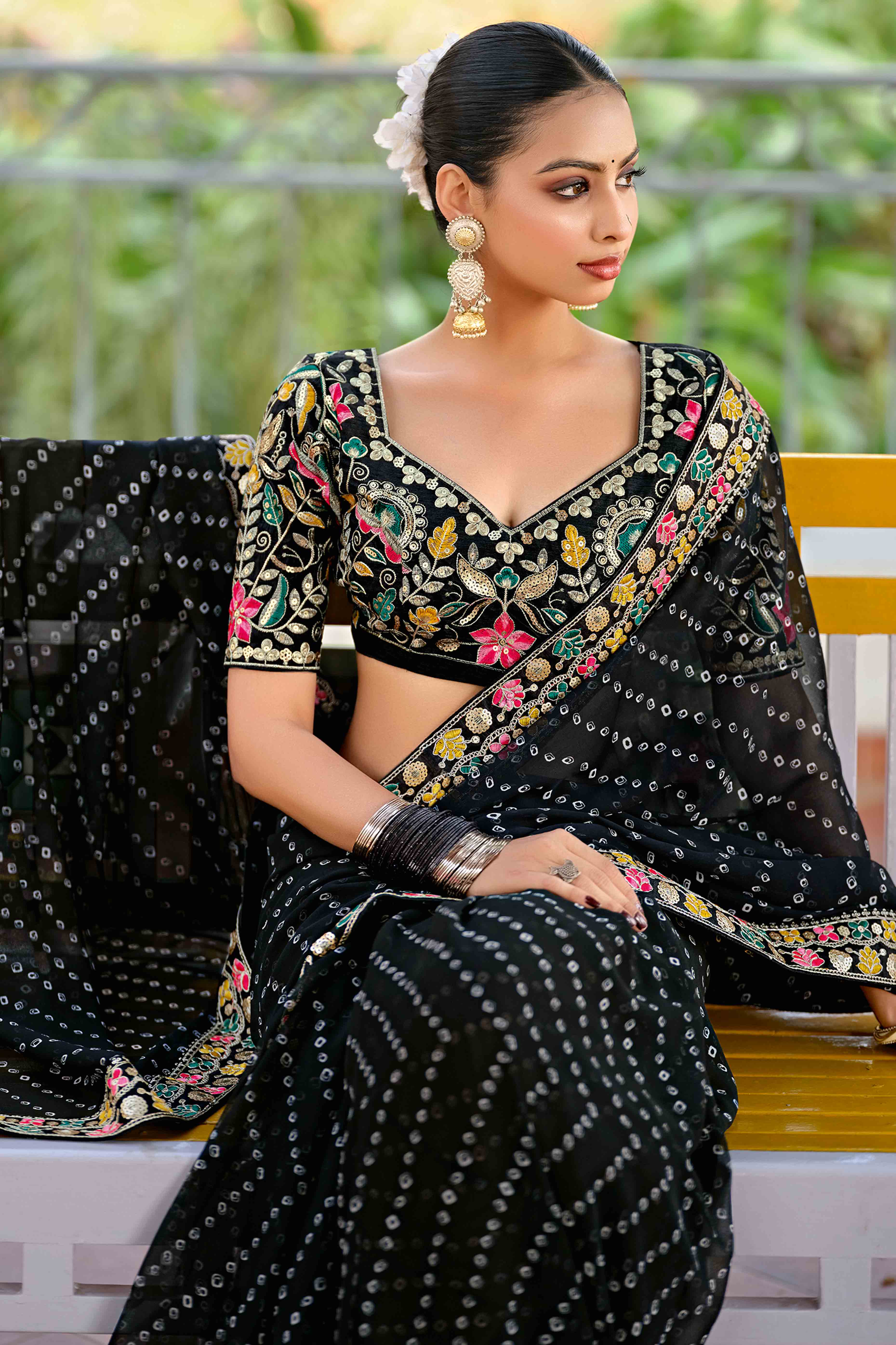 Black Bandhani Printed Georgette Saree With Sparkling Sequin Embroidered Border - Image 3