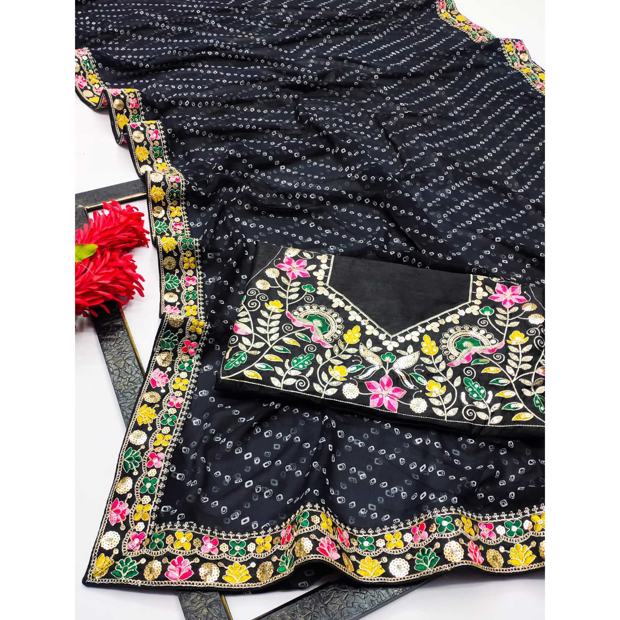 Black Bandhani Printed Georgette Saree With Sparkling Sequin Embroidered Border - Image 4