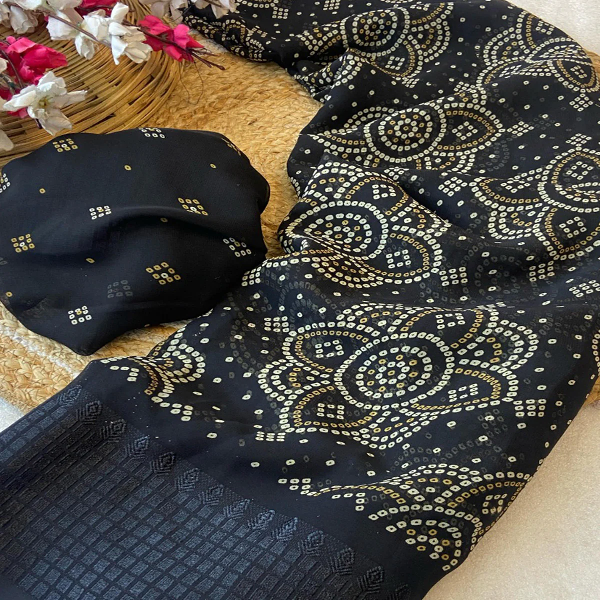 Black Bandhani Printed Georgette Saree With Viscose Border - Image 2