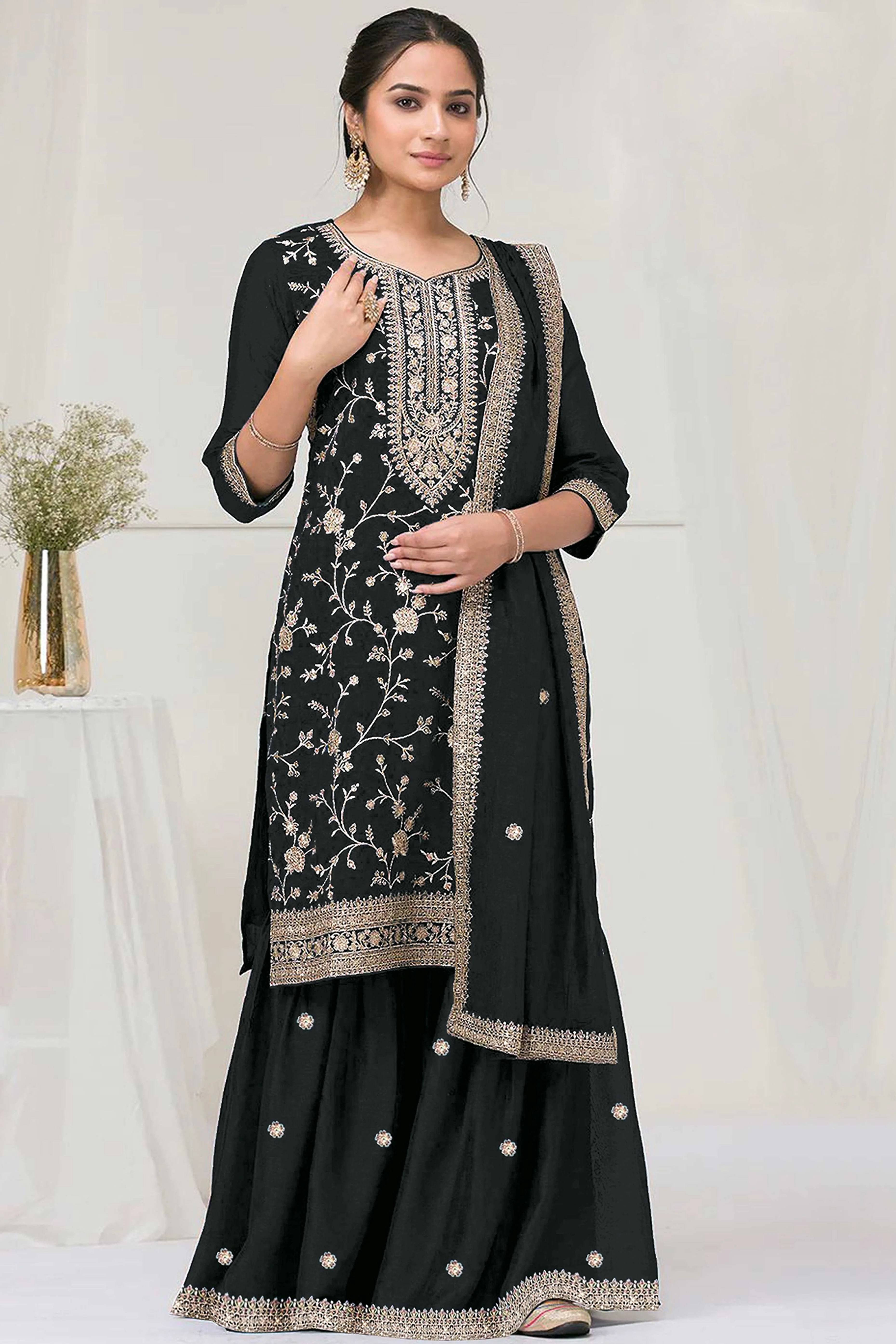 Black Beautiful Embroidered Pakistani Style Semi-Stitched Salwar Suit in Soft Georgette Fabric