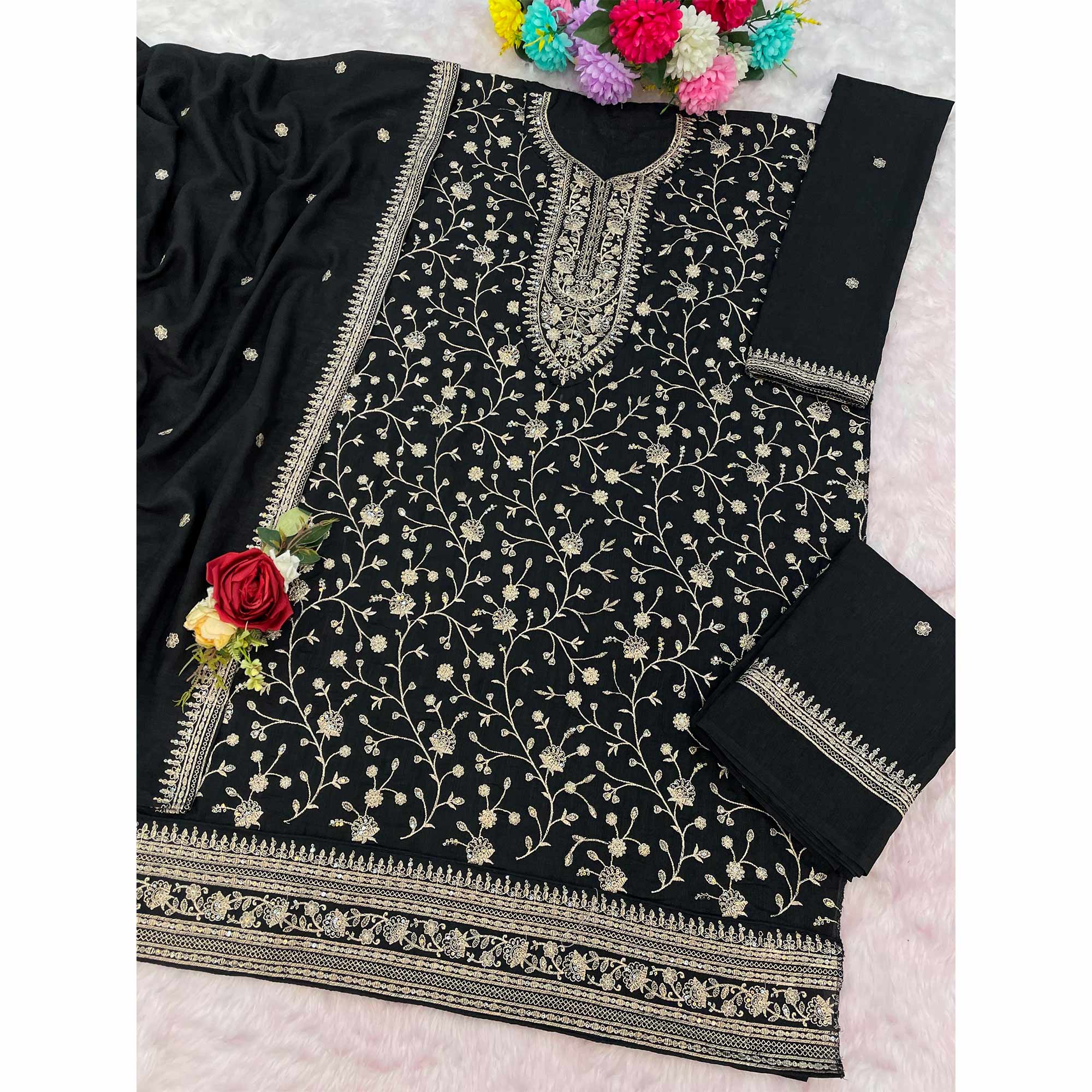 Black Beautiful Embroidered Pakistani Style Semi-Stitched Salwar Suit in Soft Georgette Fabric - Image 4