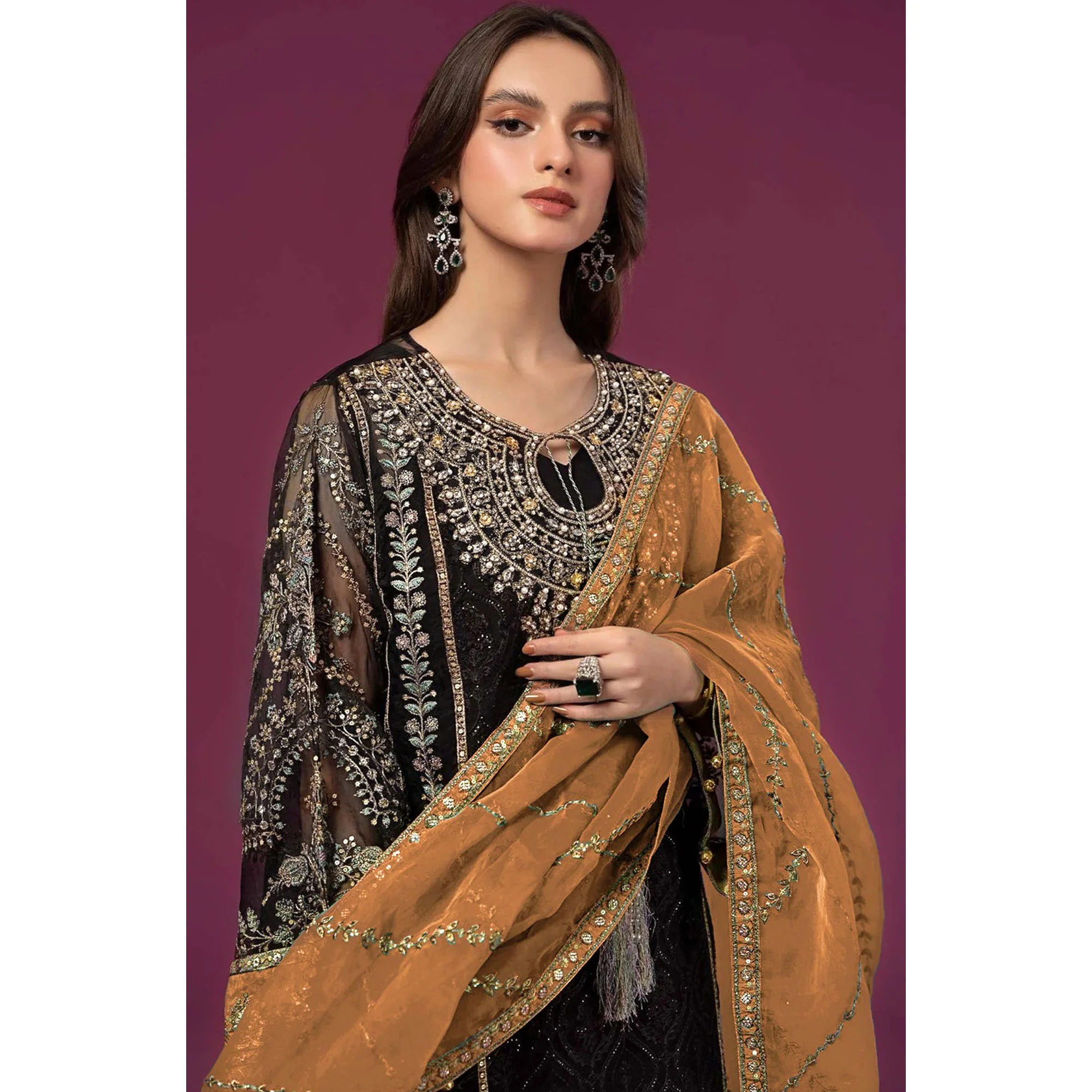 Black & Brown Embroidered Georgette Semi Stitched Pakistani Suit - Image 4
