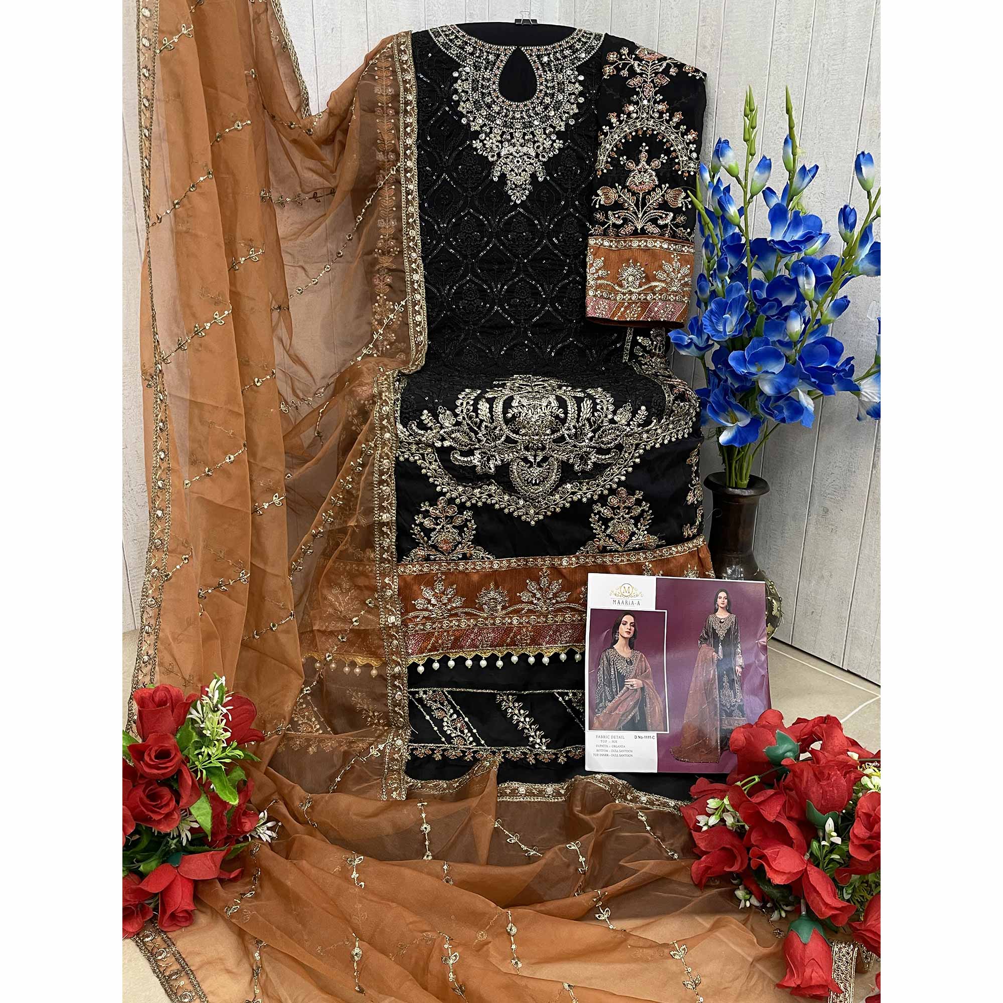 Black & Brown Embroidered Georgette Semi Stitched Pakistani Suit - Image 5