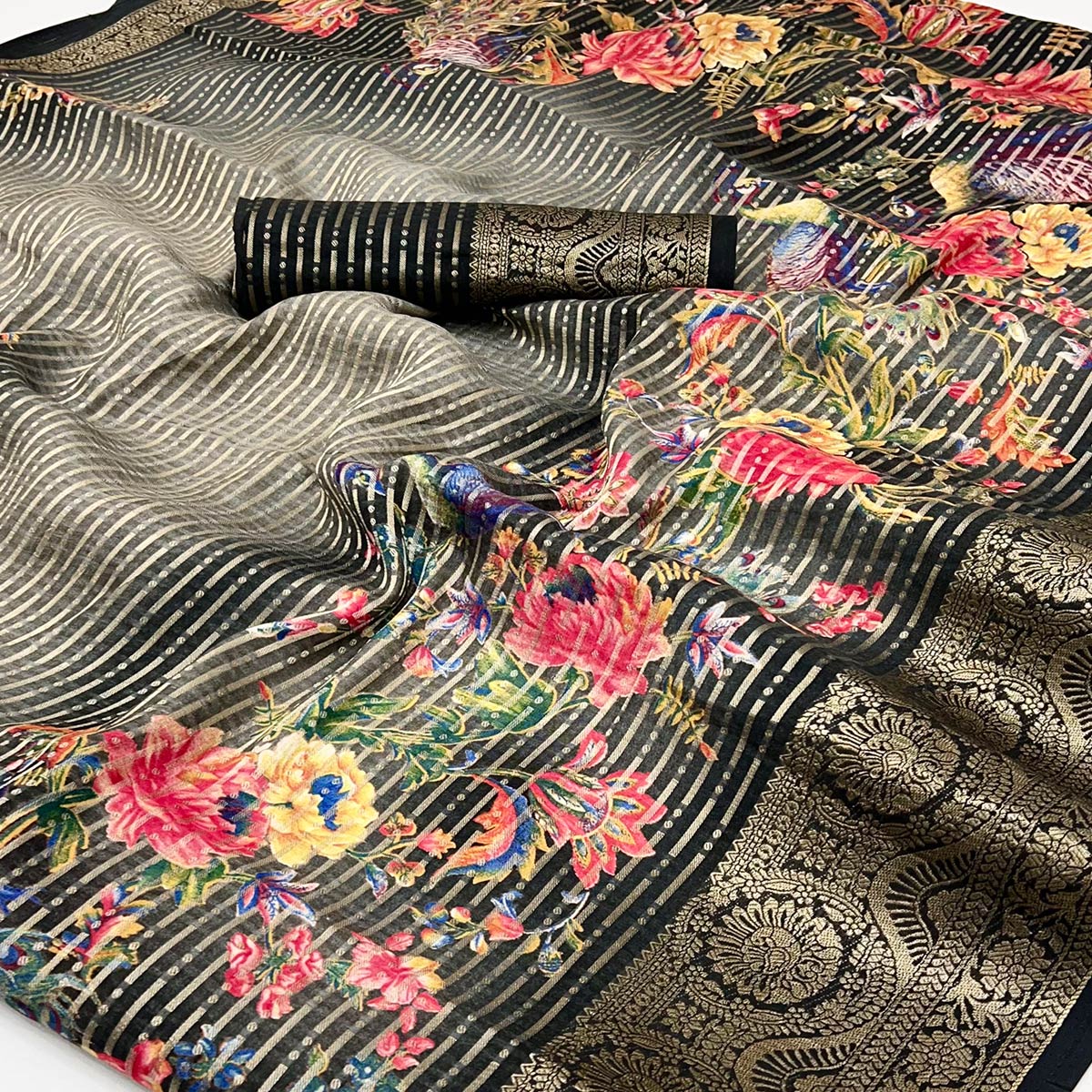 Black & Brown Floral Woven With Printed Georgette Saree - Image 2