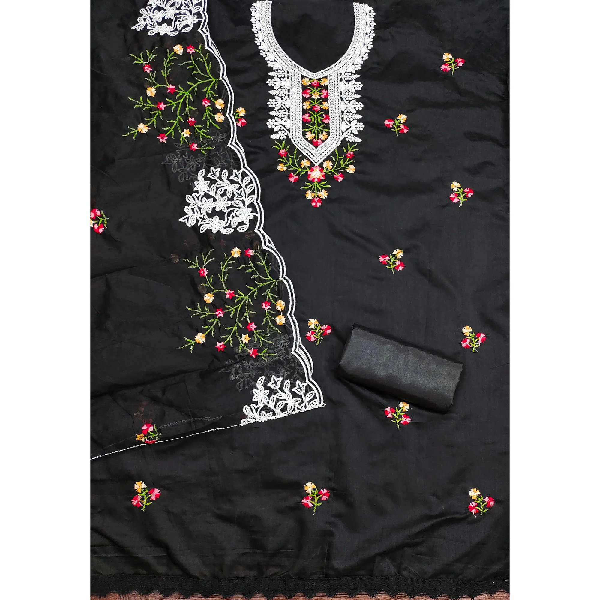 Black Chanderi Cotton Dress Material With Elegant Floral Sequin Embroidery - Image 4