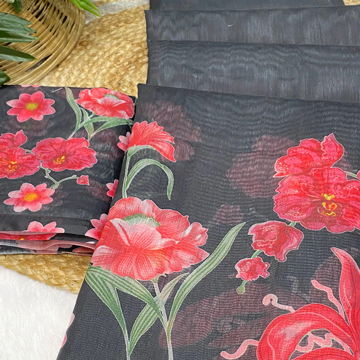 Black Chanderi Cotton Saree Featuring Digital Floral Prints & Decorative Tassel Pallu - Image 2