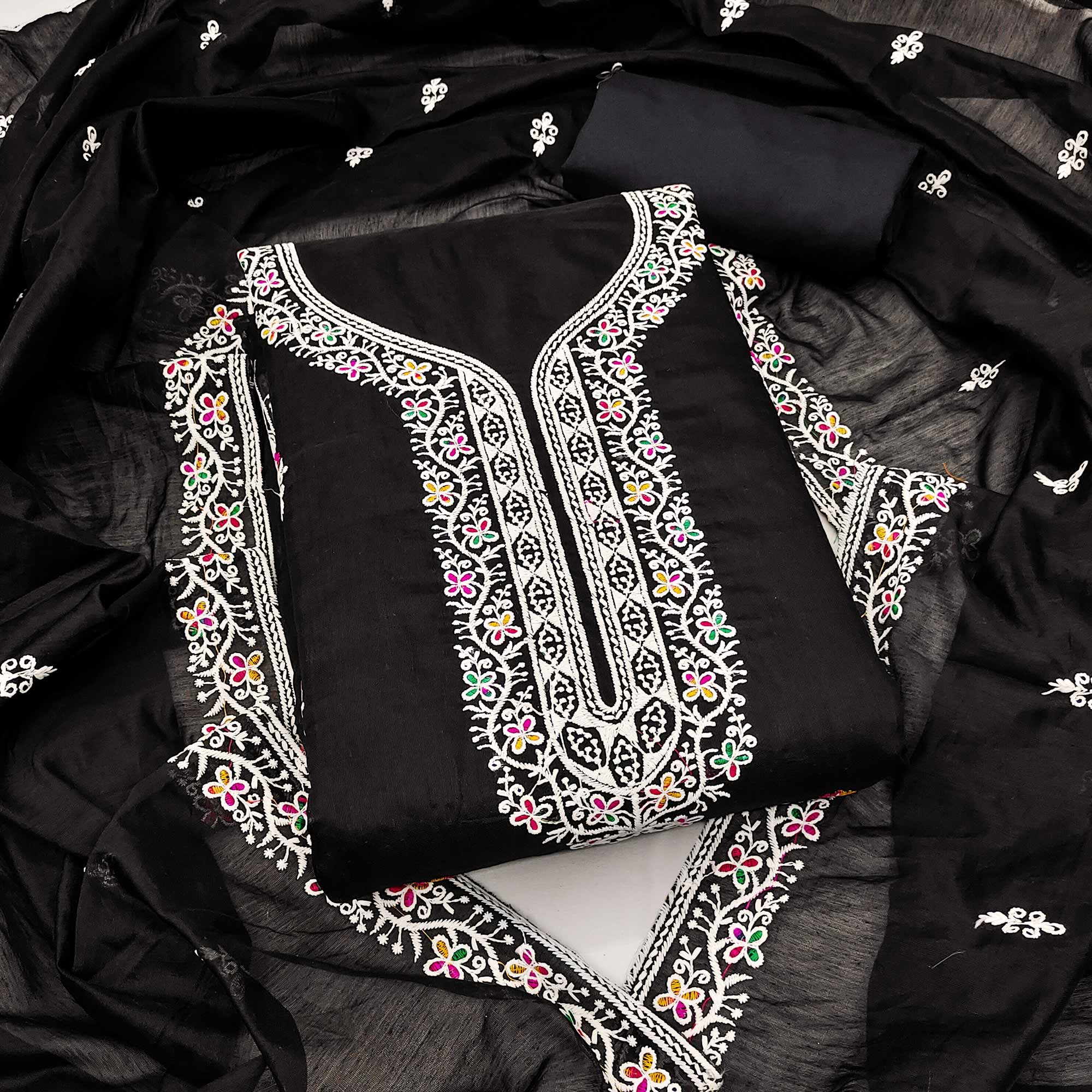 Black Chanderi Silk Dress Material Beautified with Intricate Floral Thread Embroidery